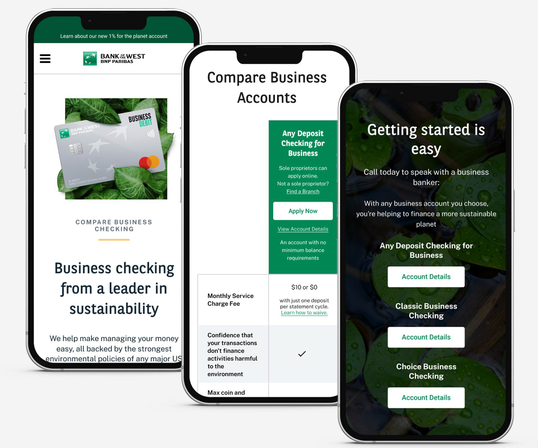 three iphone mockups showing parts of the Bank of the West business checking website