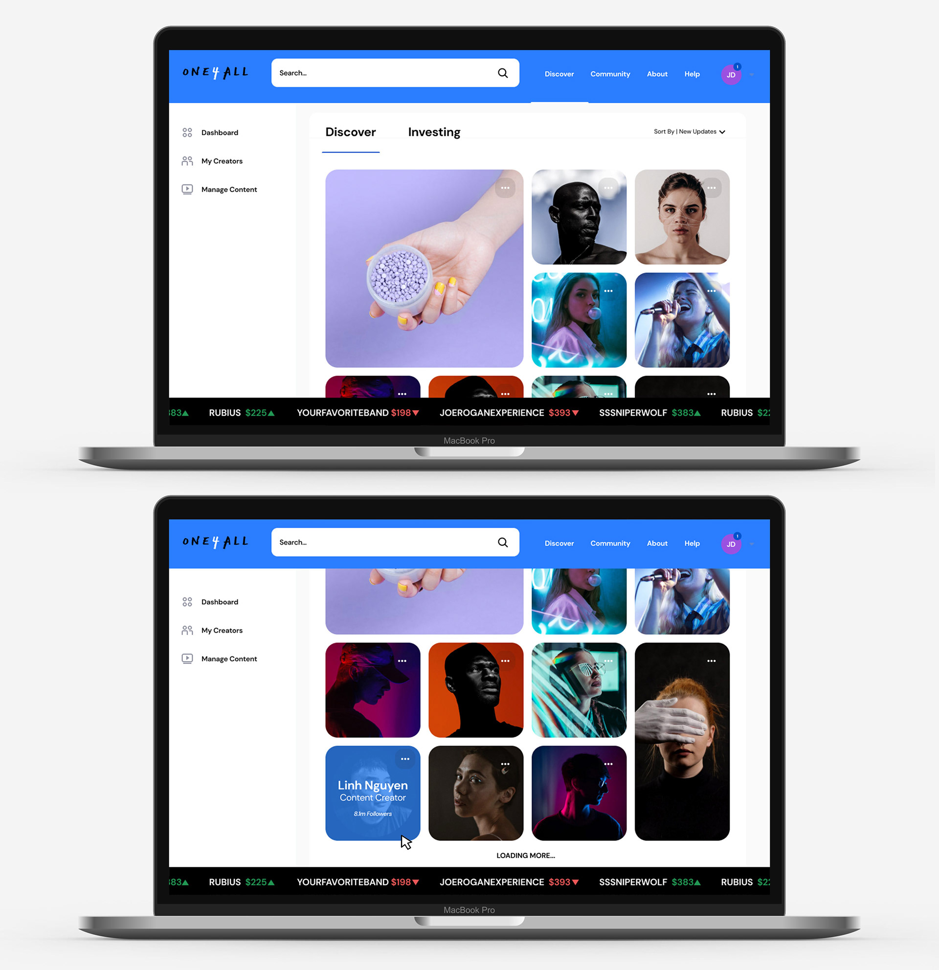 Image of two macbooks showing the desktop home screen, featuring abilities to change the interface between "Discover" and "Investing" modes. Discover mode is chosen and shows a range of popular creators in a grid of profile images, and an emulated "stock" ticker footer showcasing popular accounts.