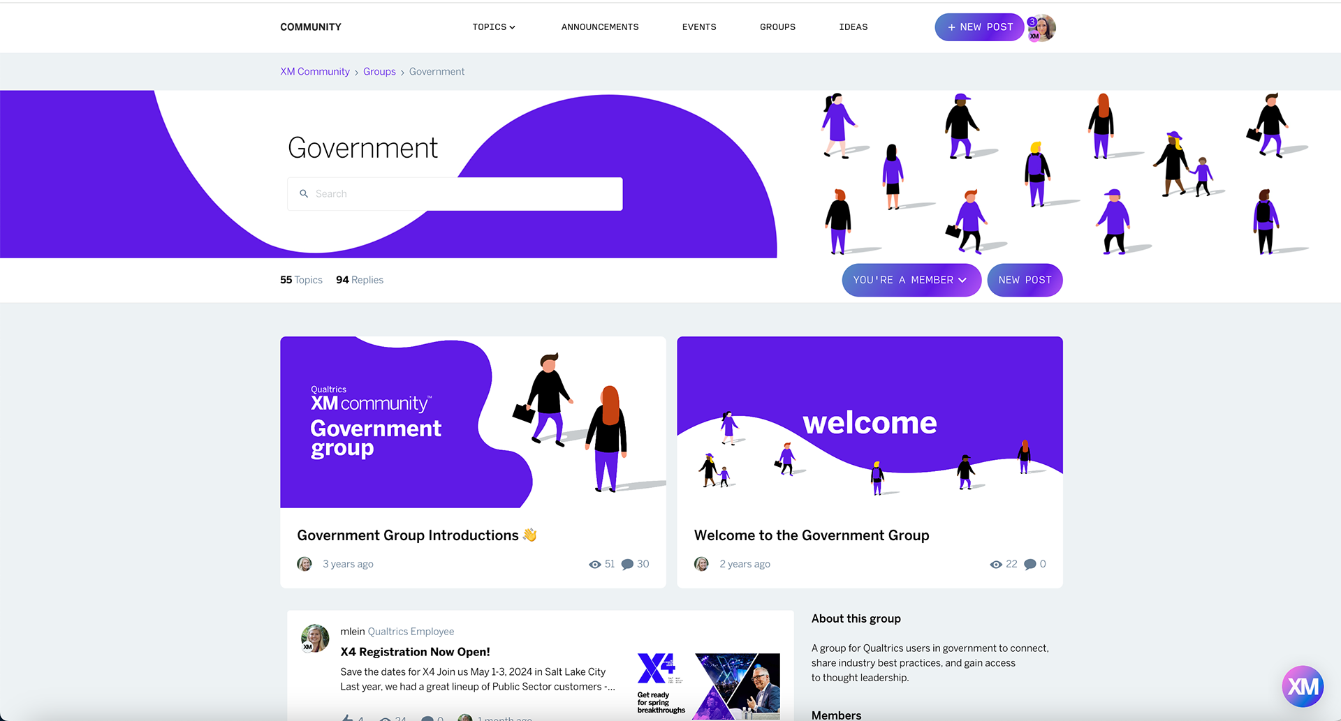 Screenshot of the XM Community Government Group interface