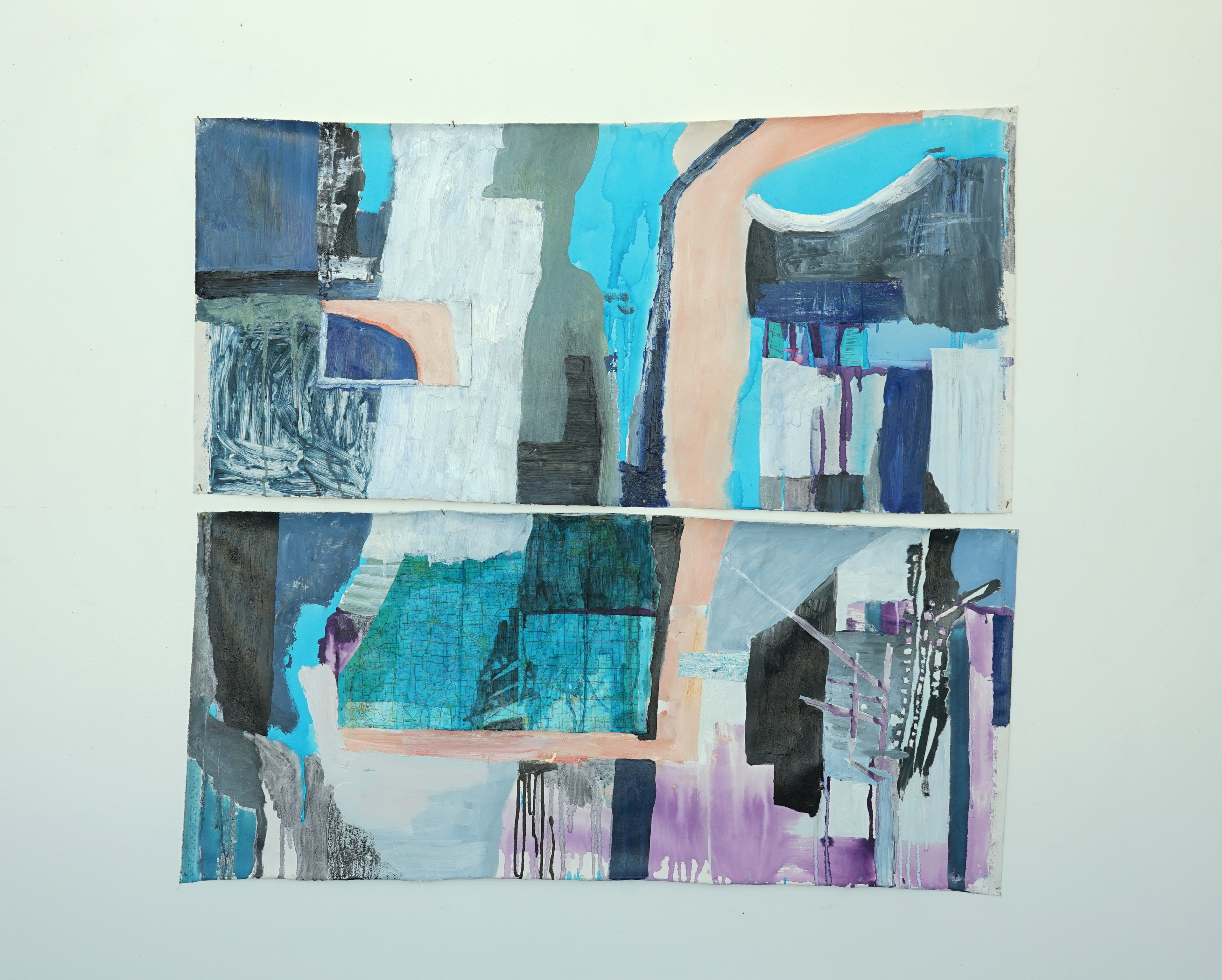 Another map turns blue, 2022. Oil, dye, ink, & collage on two canvas panels, the upper measuring 53 x 24 in, the lower 53 x 24 in.