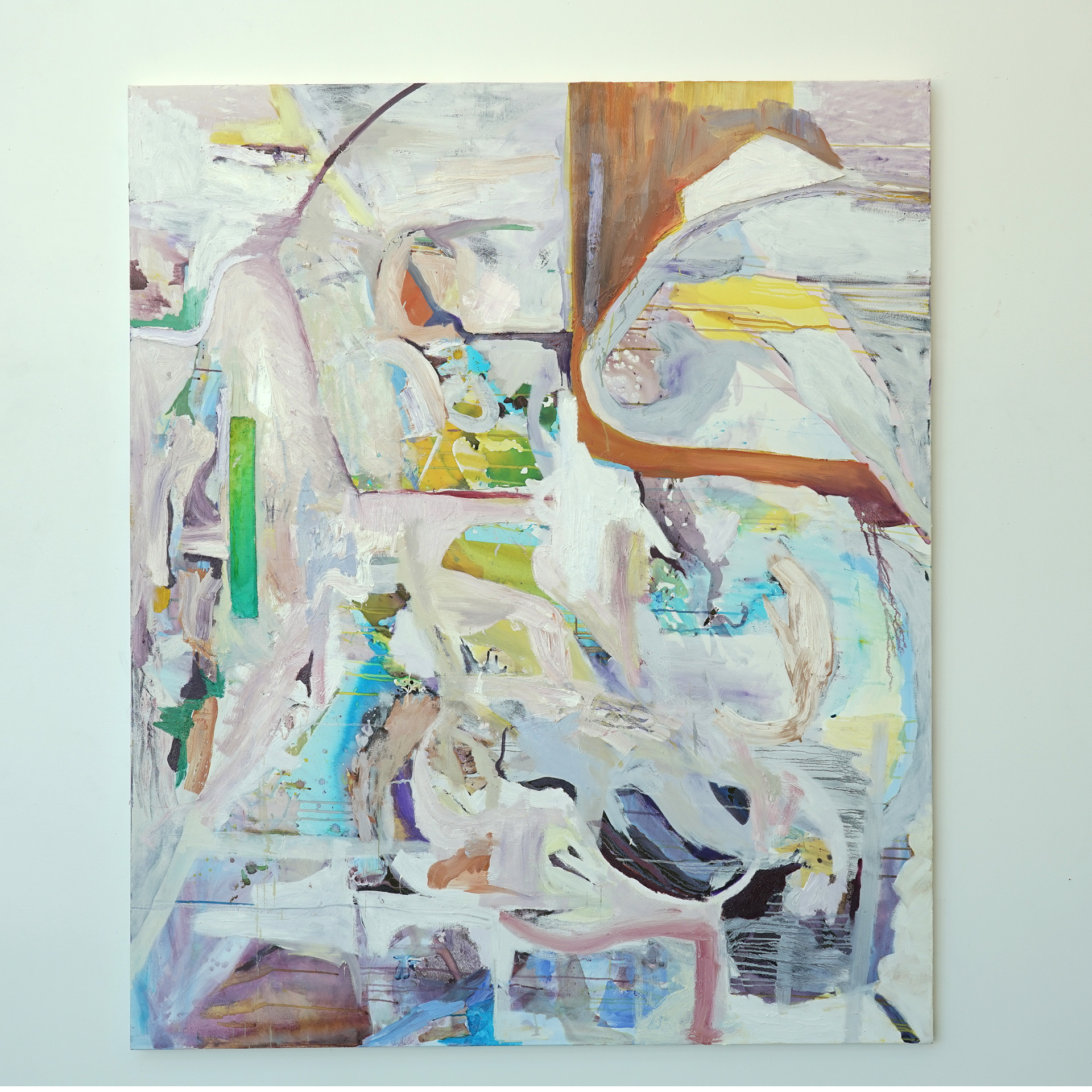 Thanks for the Wings! 2021-2022. Oil, dye, & collage on canvas. 60 x 72 in.