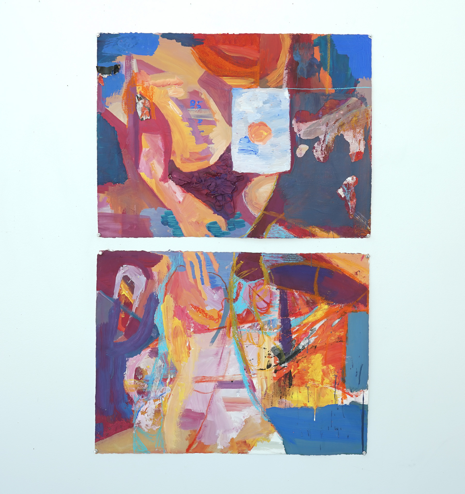 This is a fruit, 2021. Acrylic, tempura, oil pastel & collage on two paper panels, each 30 x 22 in. 