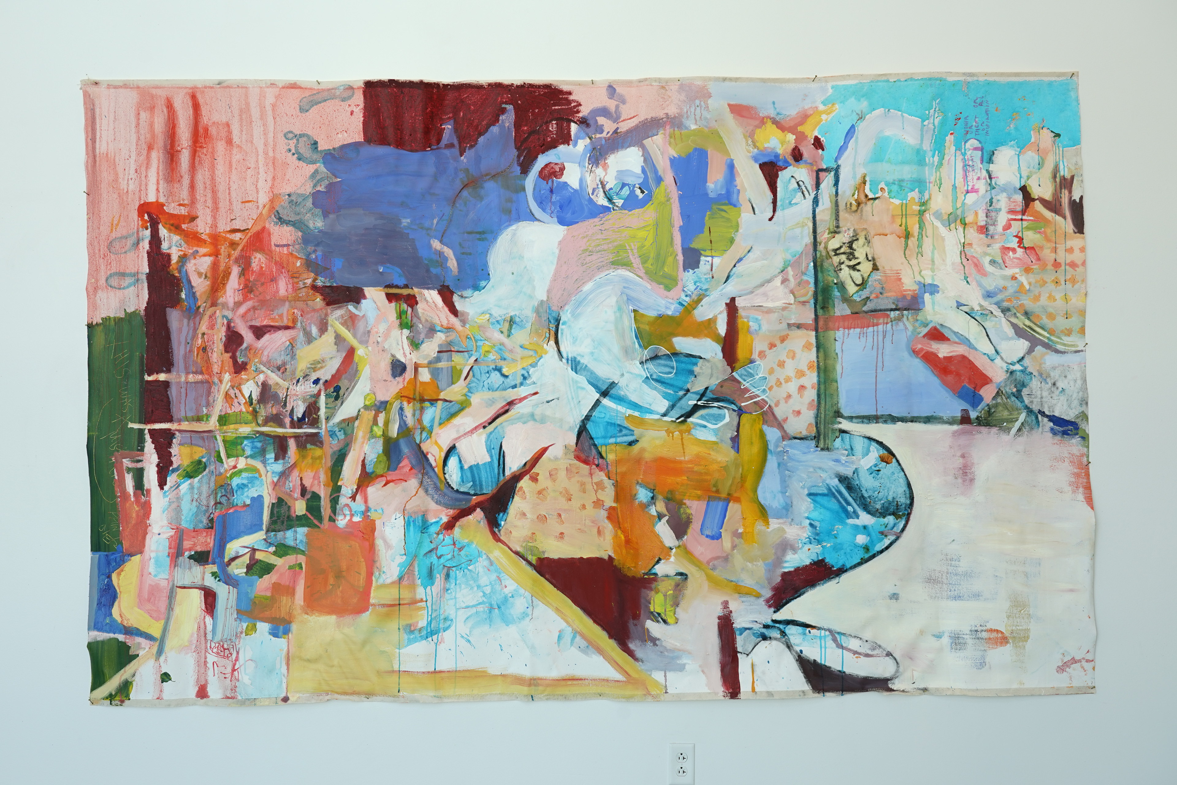 Swimming around my nightstand, 2021. Oil, acrylic, watercolor, dye, charcoal, ink, & marker on canvas, 108 x 72 in.