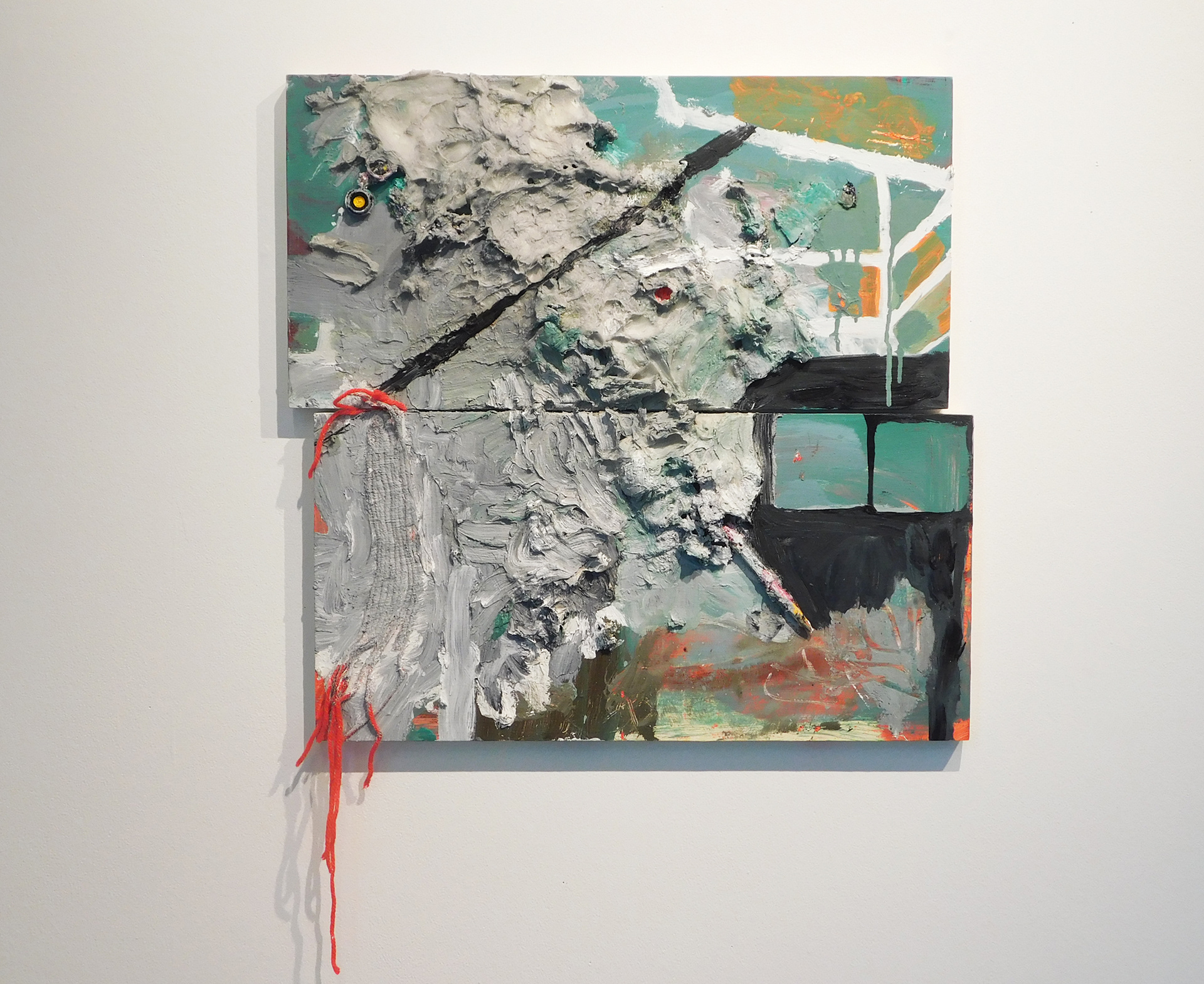 Untitled, 2022. Oil, acrylic, wax, & various objects on two wood panels. 