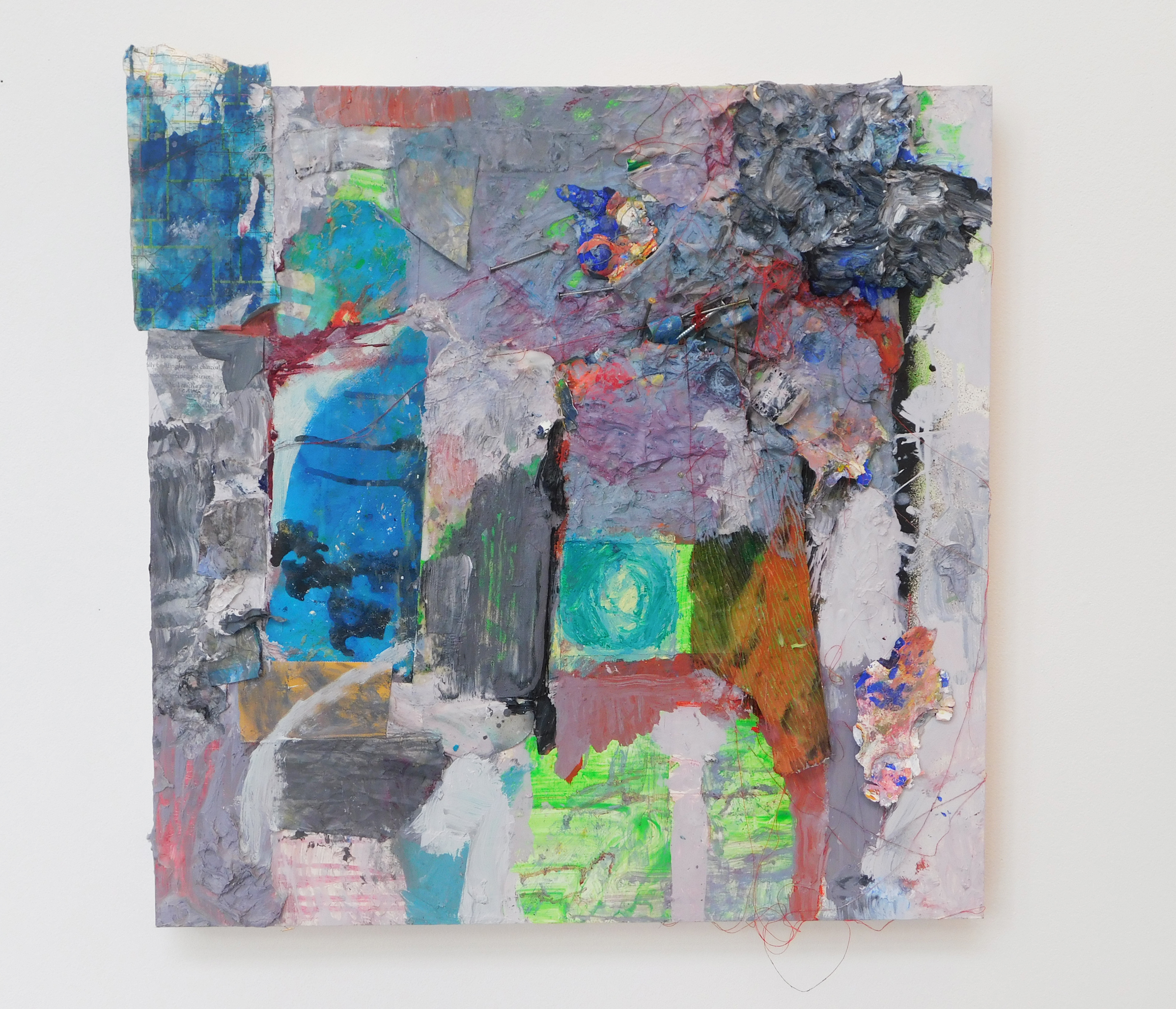 Housekeeping, 2022. Oil, spray paint, oil pastel, acrylic, & various objects on wood panel. 