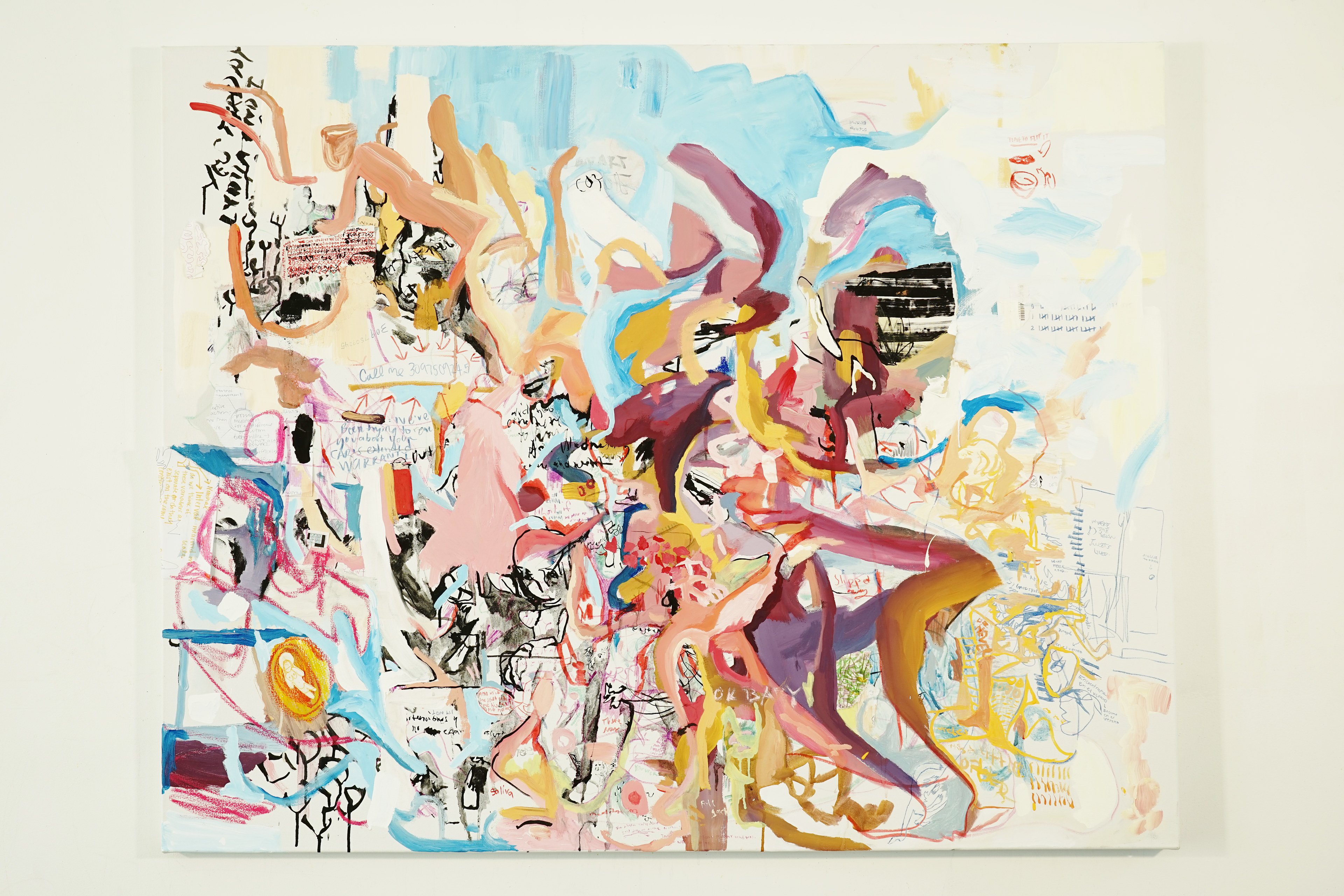 OK baby, 2021. Oil, marker, oil pastel, ink, & collage on canvas. 60 x 48 in. 