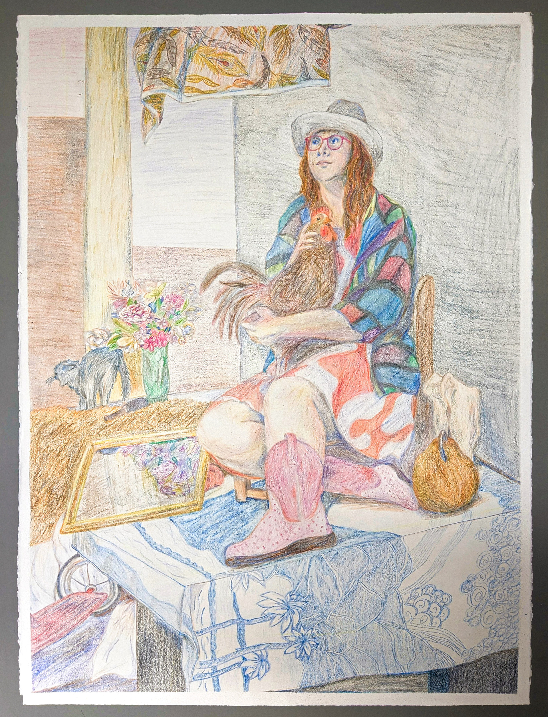 "Fowl Language", colored pencil on linen paper, Apr. 2023