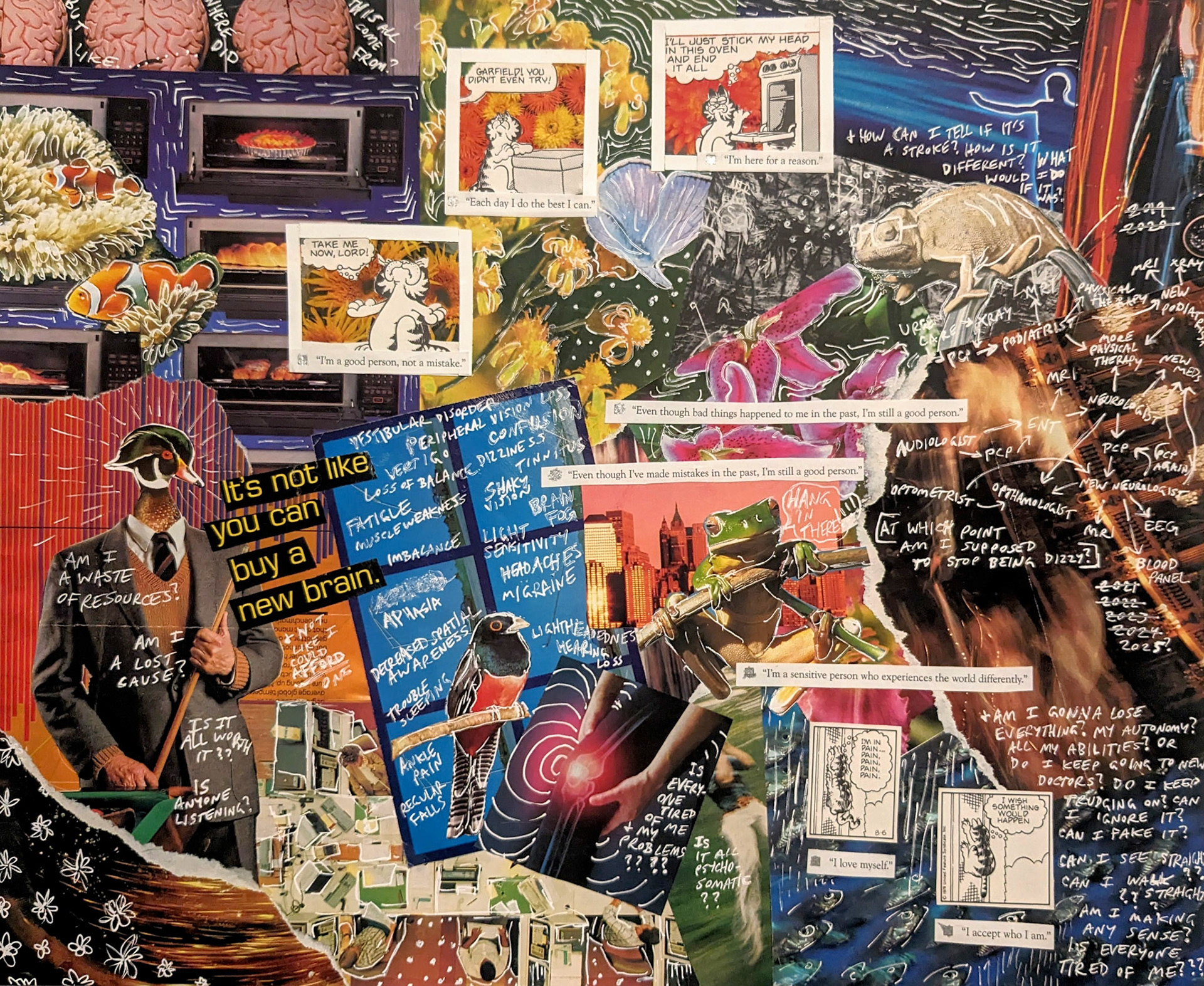 "Vestibular Breaking Point", mixed media collage, Sep. 2024