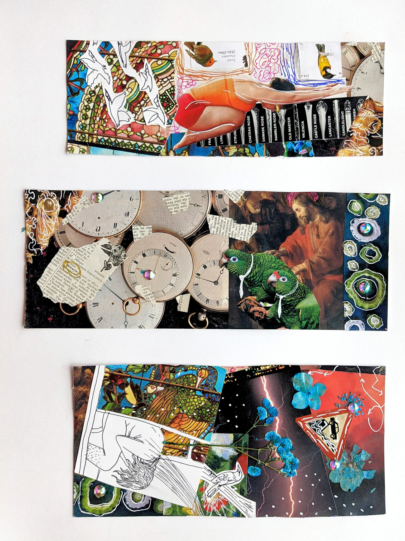 "Christ Blesses The Parrots", mixed media collage, 2023