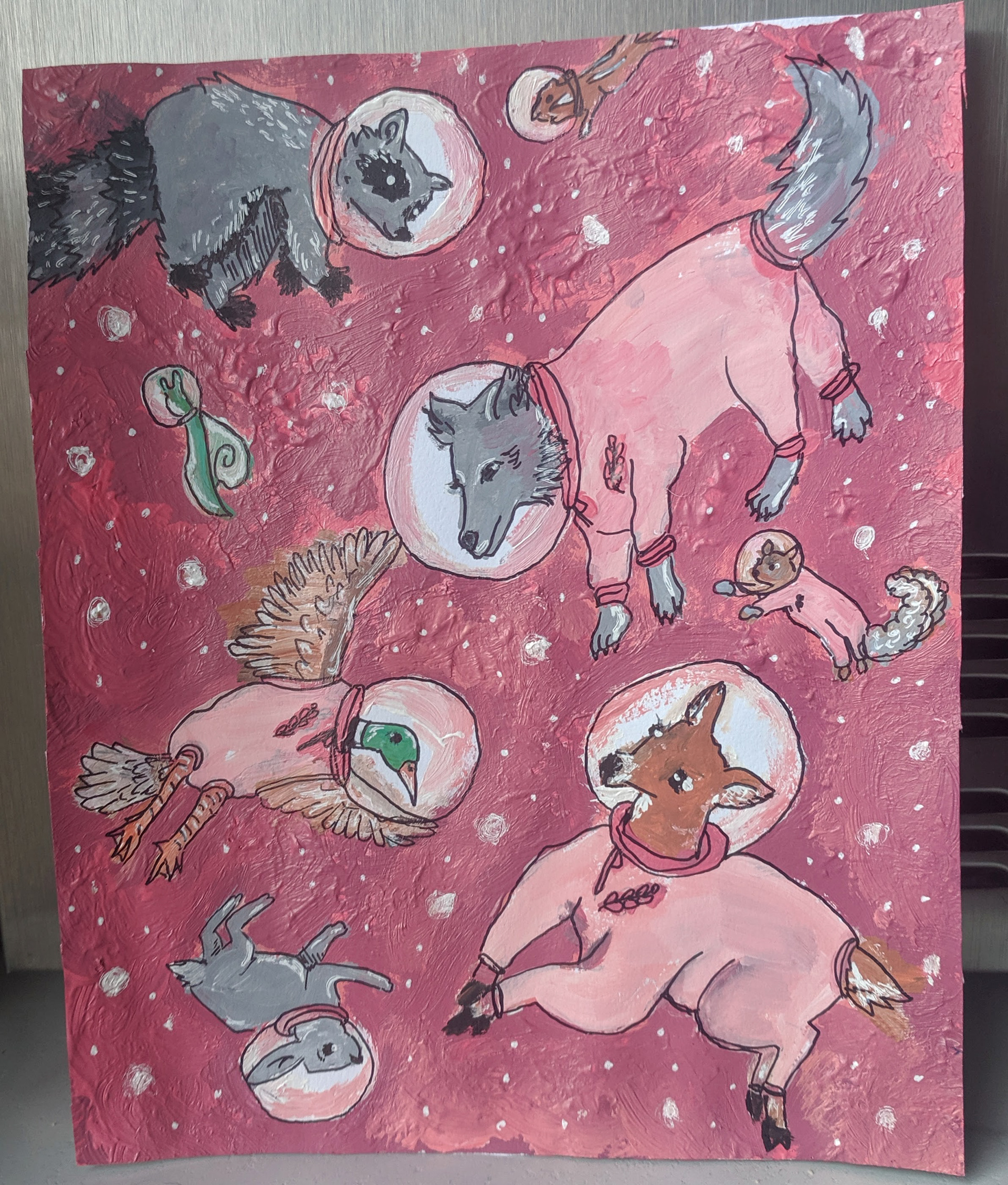 "Woodland Animals in Space", commissioned, acrylic paint on paper, Oct. 2020
