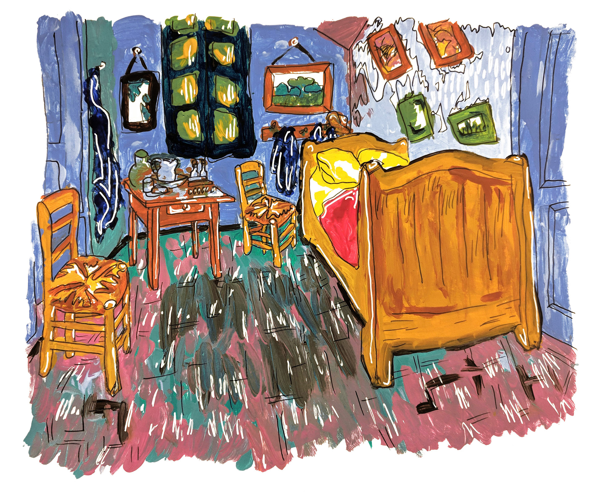 "Pastiche: Bedroom in Arles", acrylic paint and ink on paper, Oct. 2018