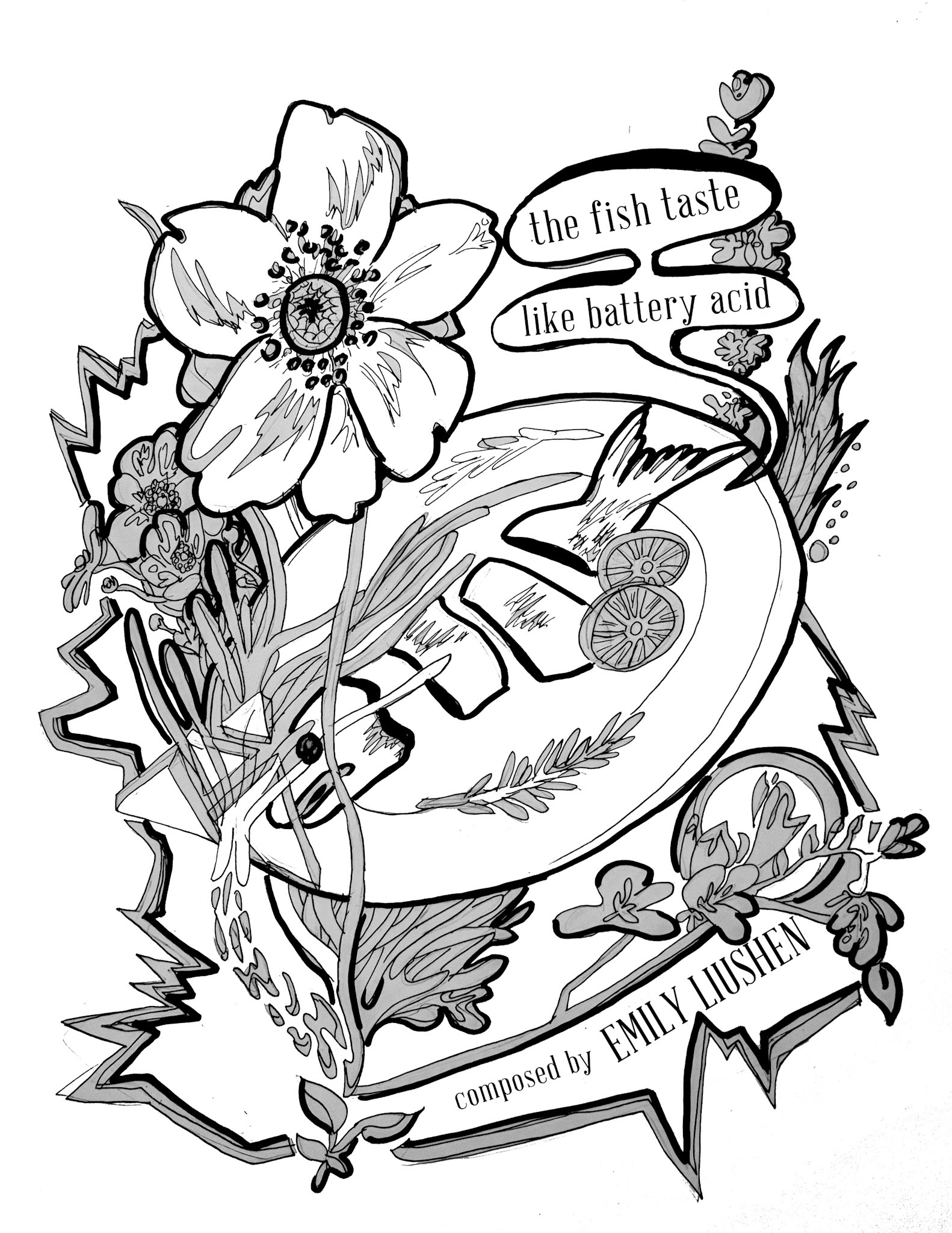 "The Fish Taste Like Battery Acid", commissioned cover page, ink and brush pen on paper, Jan. 2019