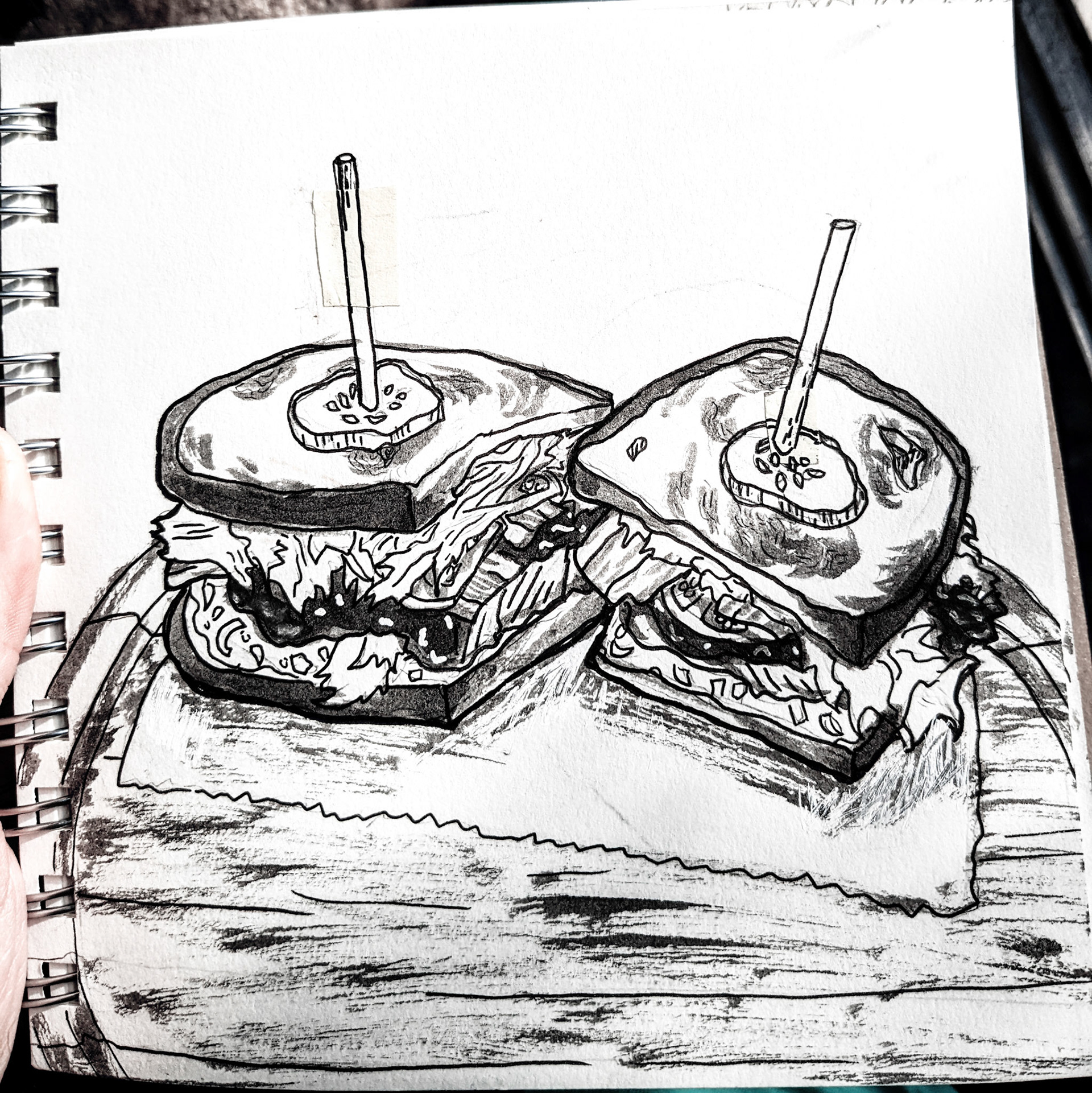 "Food Studies: Chicken BLT", brushed ink on paper, Sep. 2022