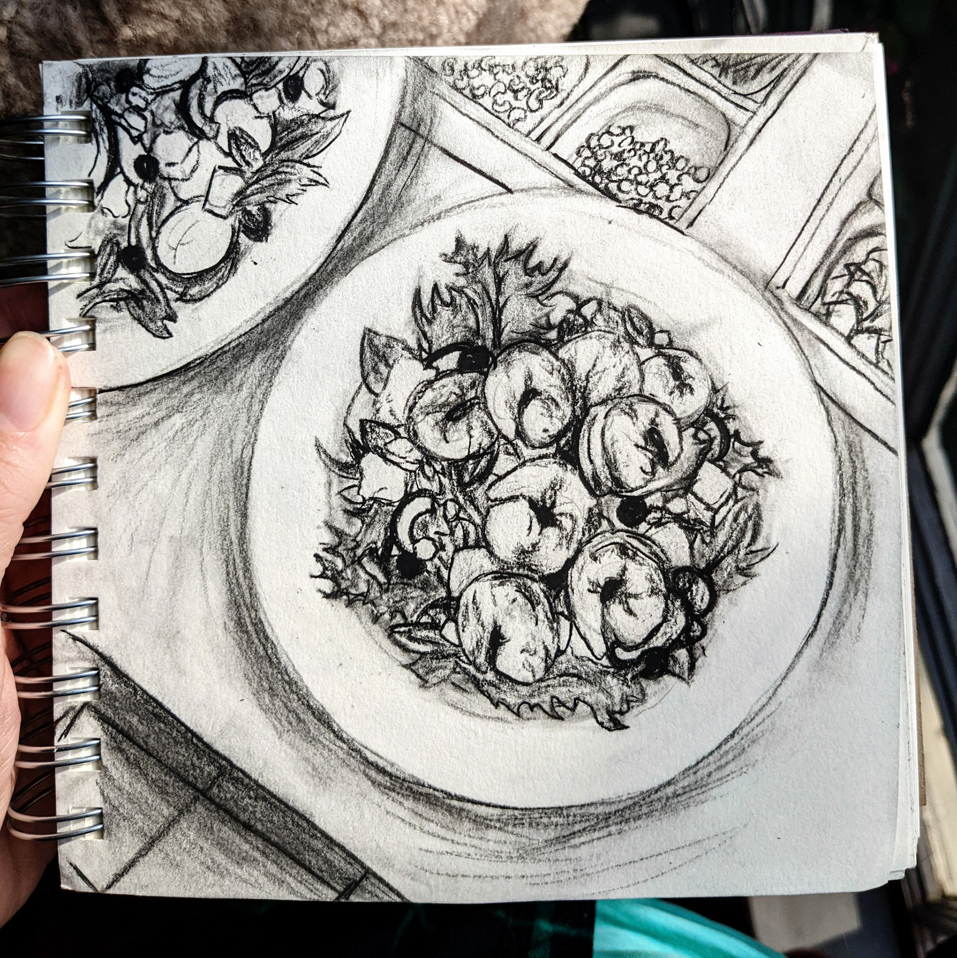 "Food Studies: Shrimp Salad", charcoal on paper, Sep. 2022