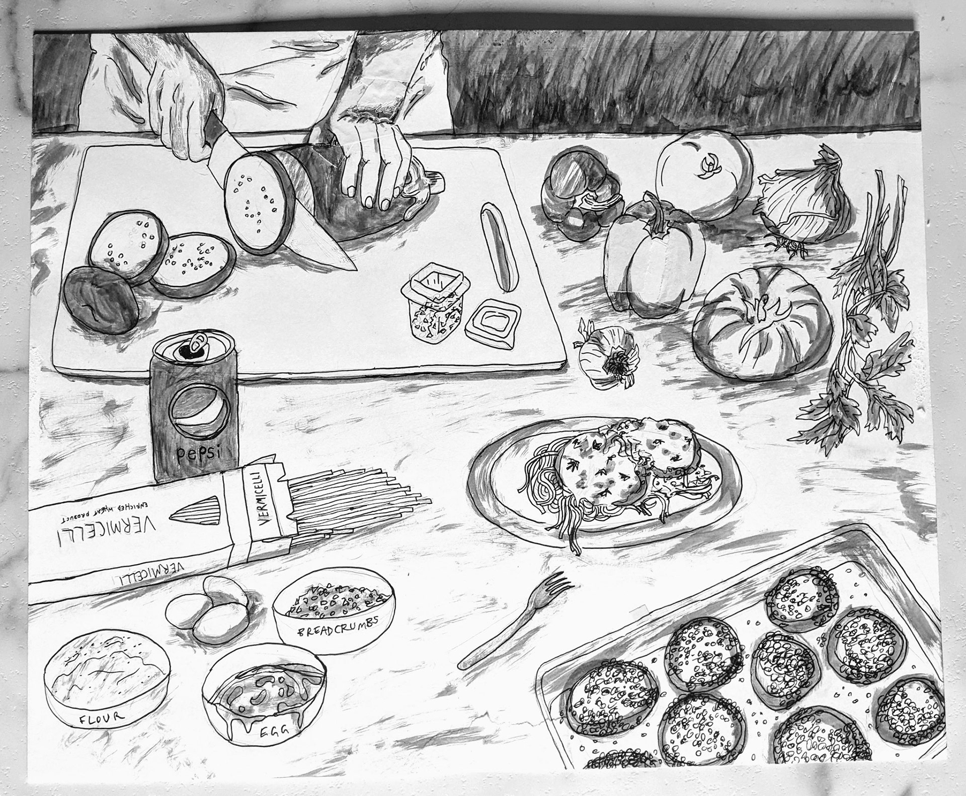 "Eggplant Parmesan", brushed ink on paper, Sep. 2023