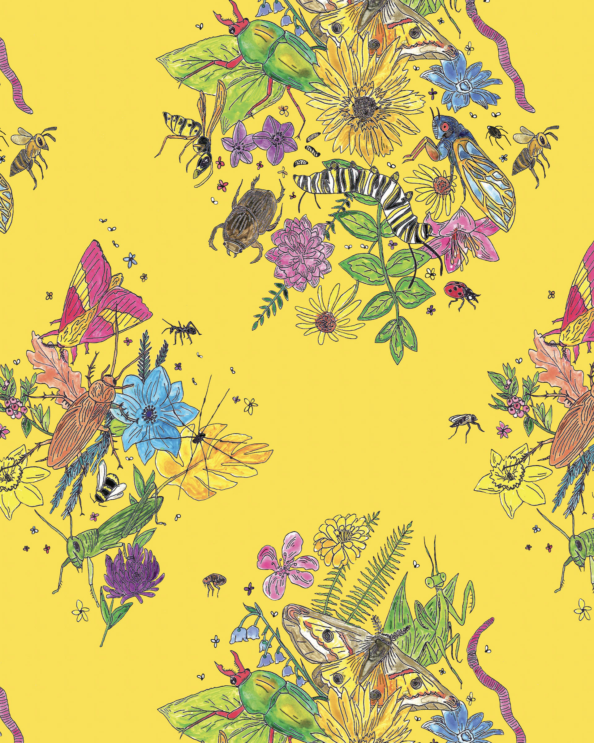 "Bug Wallpaper", ink and watercolor on paper (digitized), Mar. 2023