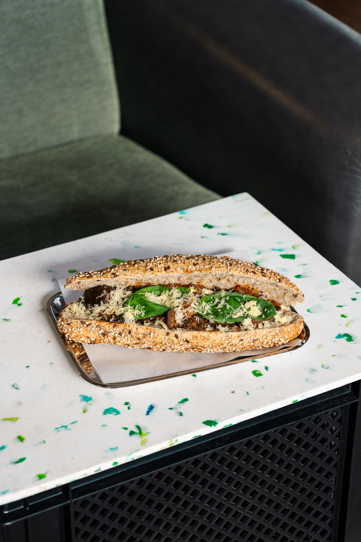 Eggplant pamersan sandwich menu shoot in Amsterdam.