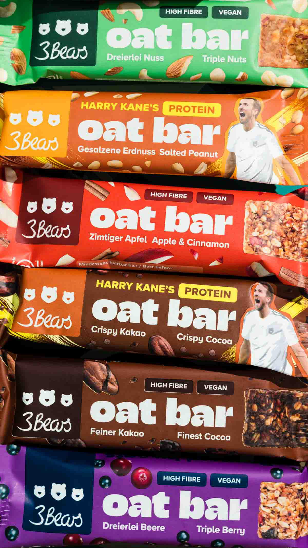 Six variations of 3Bears' oat bars.