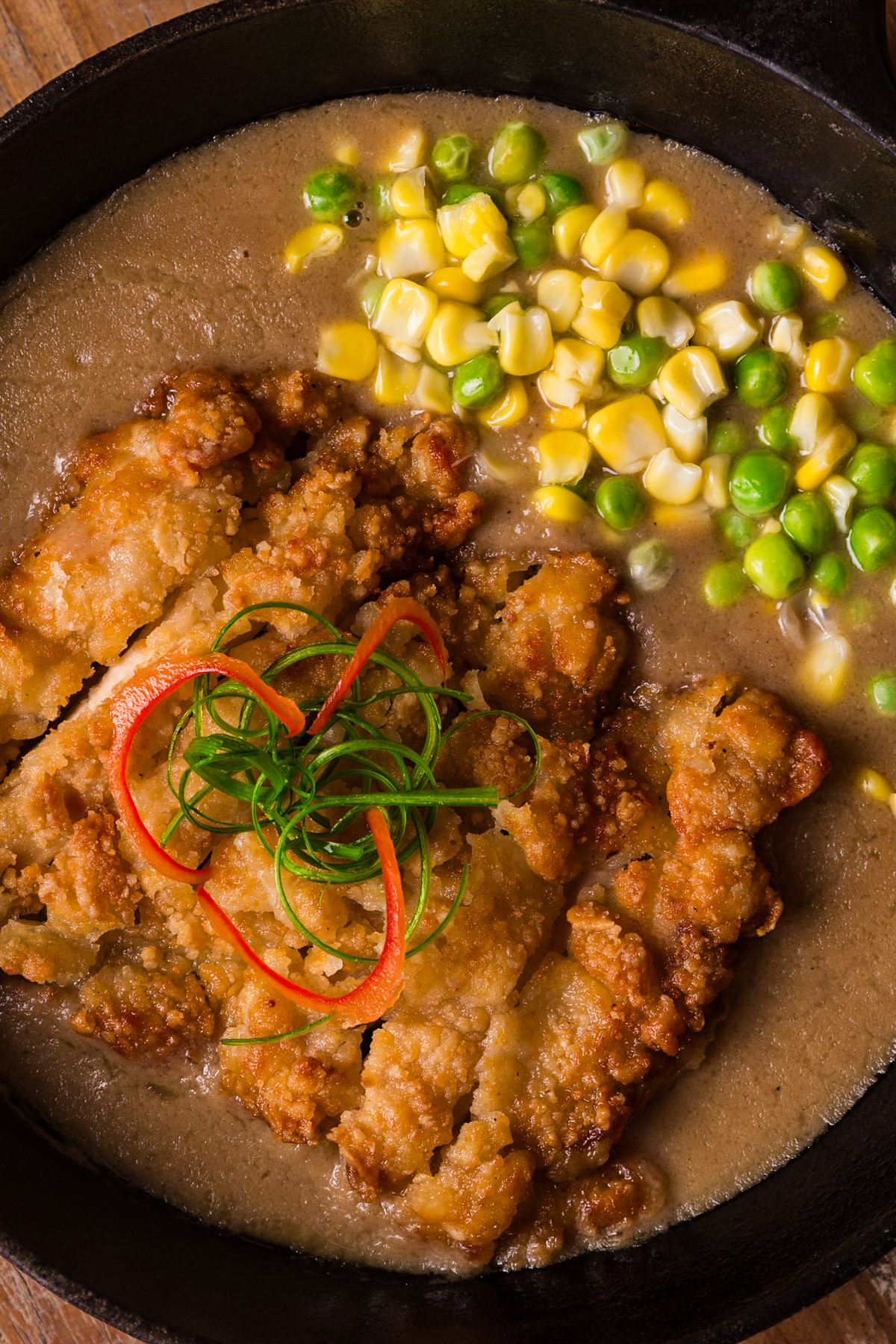 Close-up photo of katsu with curry.