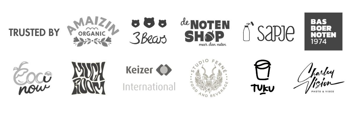 Enkele logo's van merken waar deze Nederlandse food- en productfotograaf aan heeft meegewerkt, waaronder Amaizin, 3Bears, De Notenshop, Bas Boer Noten, Sapje ​​en meer.