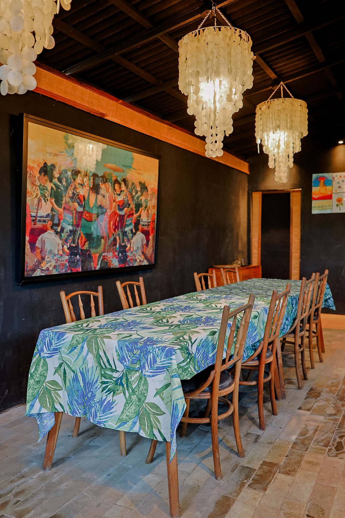 Interior of the air-conditioned room of a Bali restaurant.