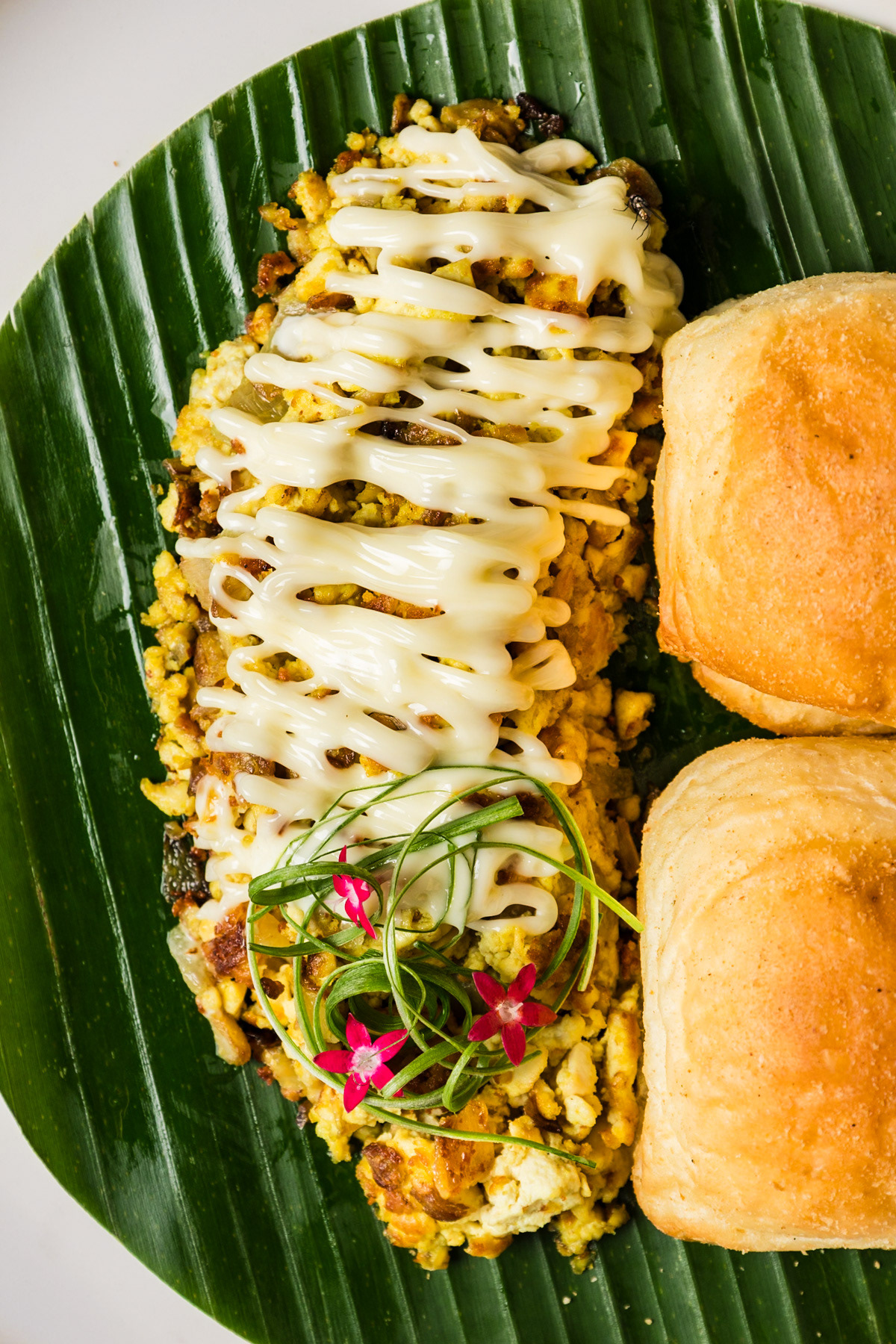 Macro photo of vegan scrambled egg in Bali.