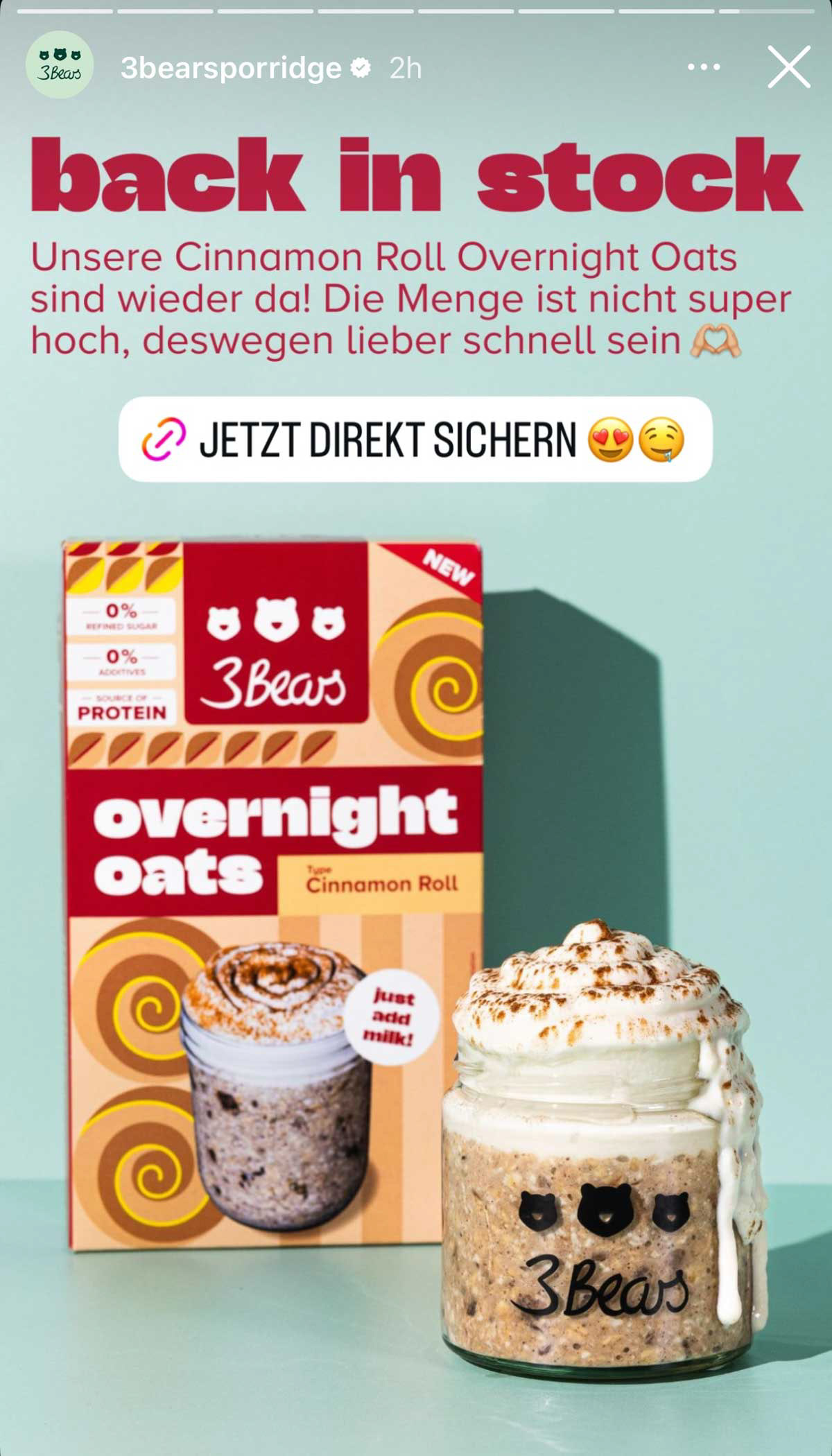 3Bears announcing that they are now back in stock, using a photo from a Netherlands food photographer.