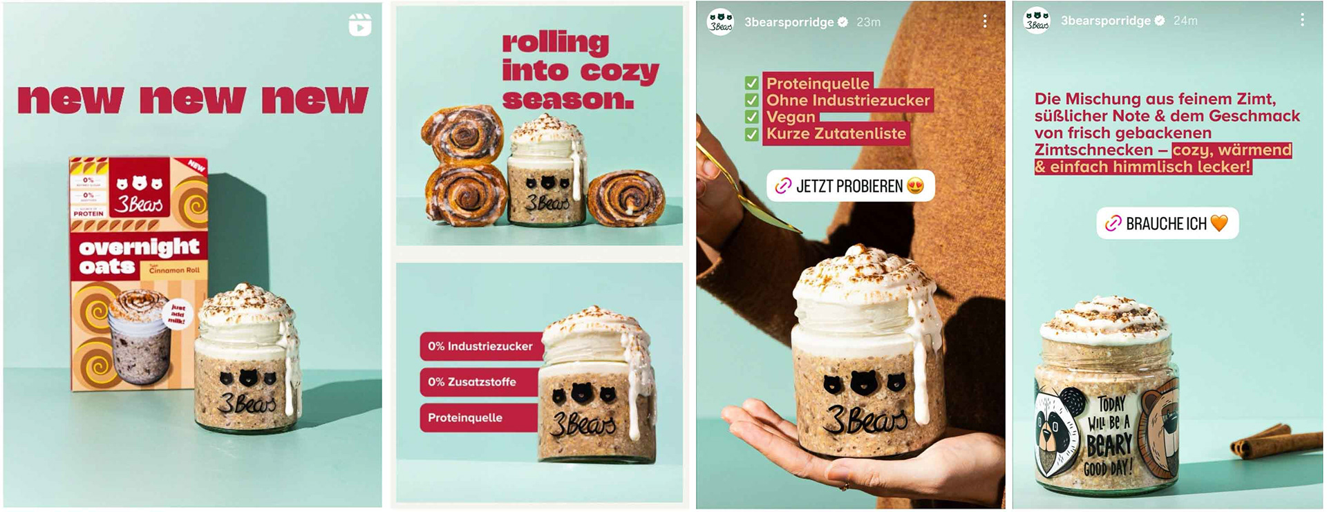 Photos of cinnamon overnight oats taken by Jem, a Dutch food photographer, overlaid with texts.