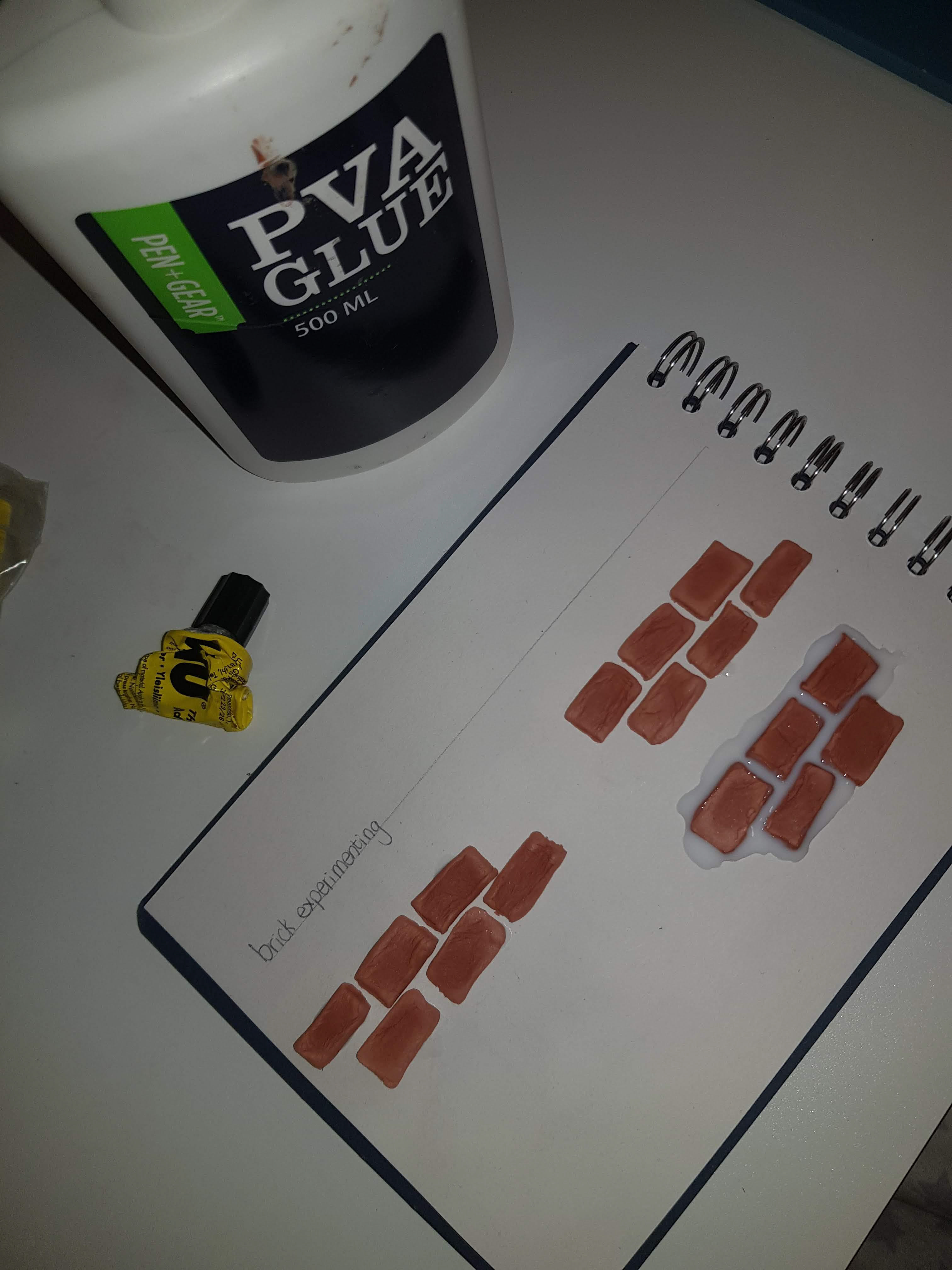 Before sticking the brick cladding to the dollshouse doors I experimented with the types of glue, and also with creating a "mortar" with PVA to see which would be the best application.