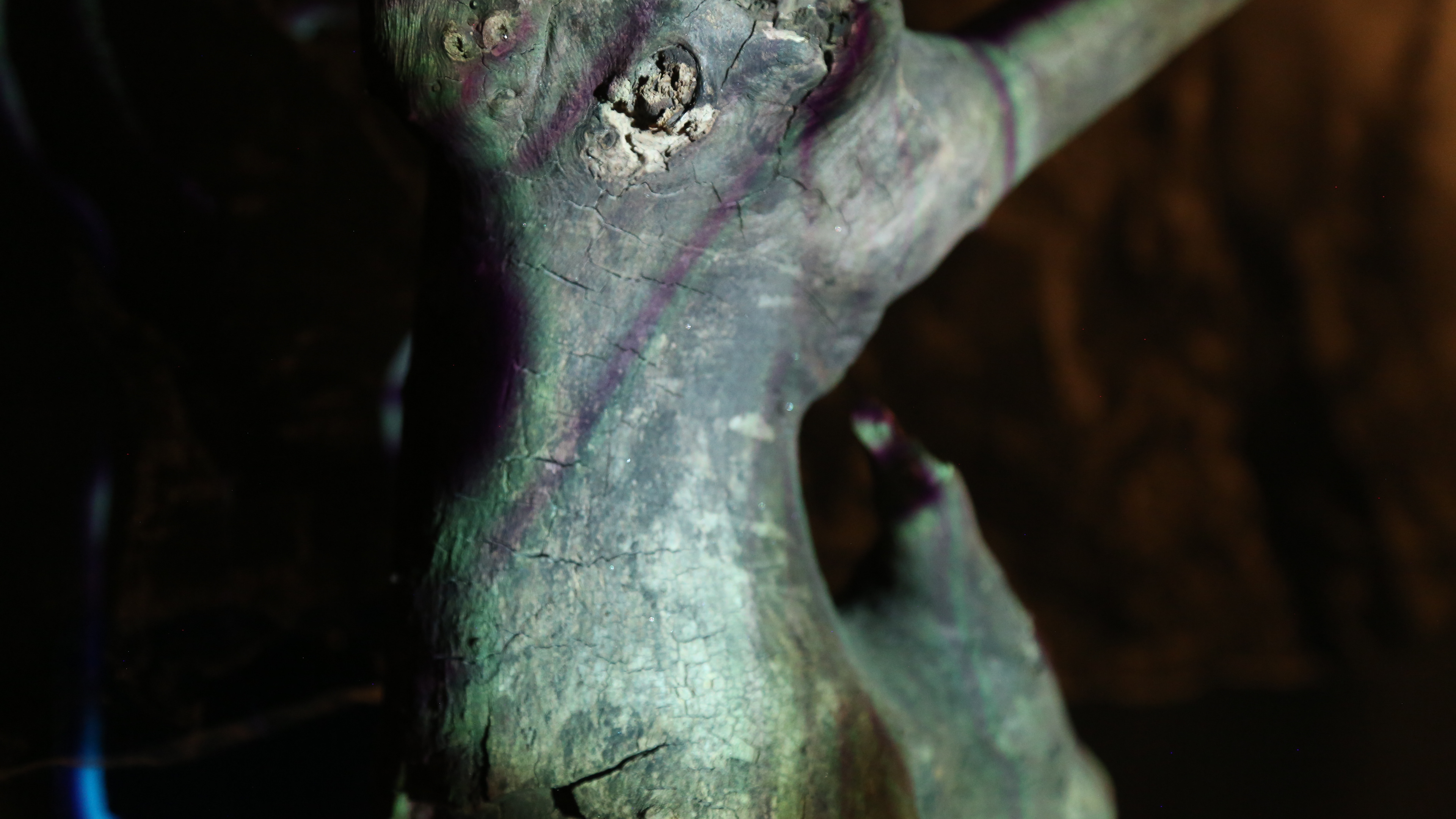 Detail shot of projection mapped onto the body of the Skogsrå