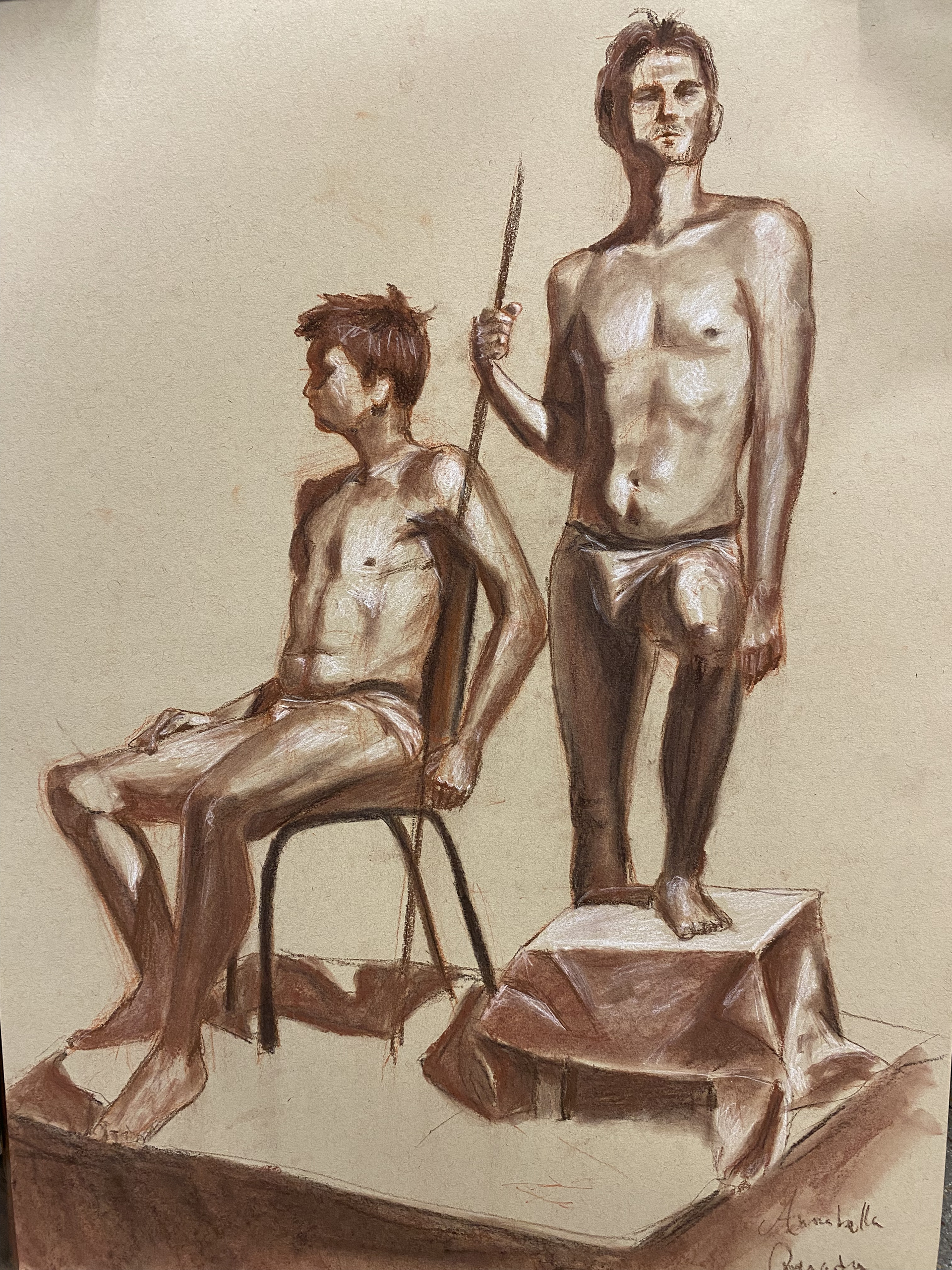 18 x 24 Sepia and Sanguine on Tan Drawing Paper