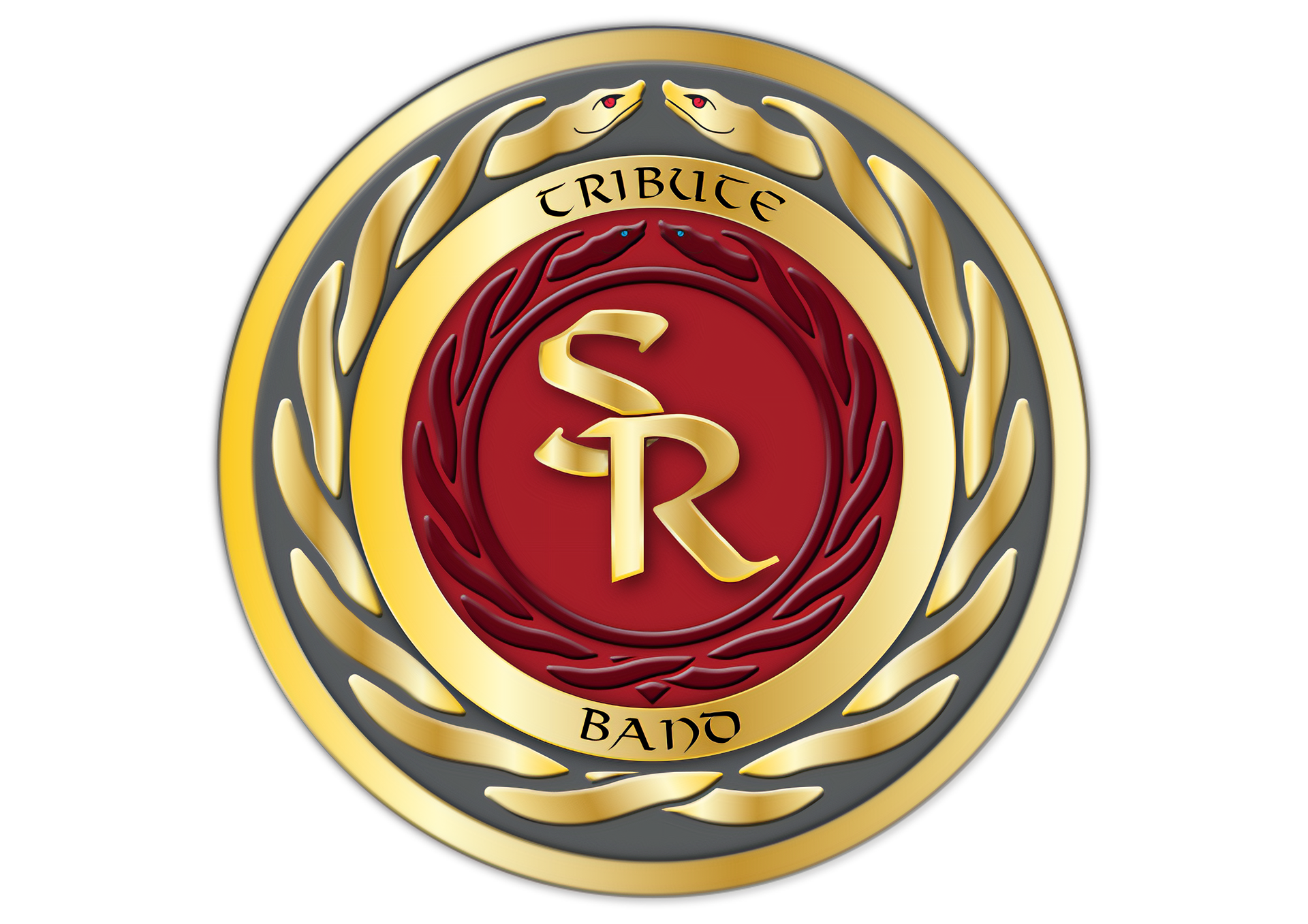 Snake Rising Bandlogo Kreis mit zu sich gewendeteten goldenen und roten Schlangen