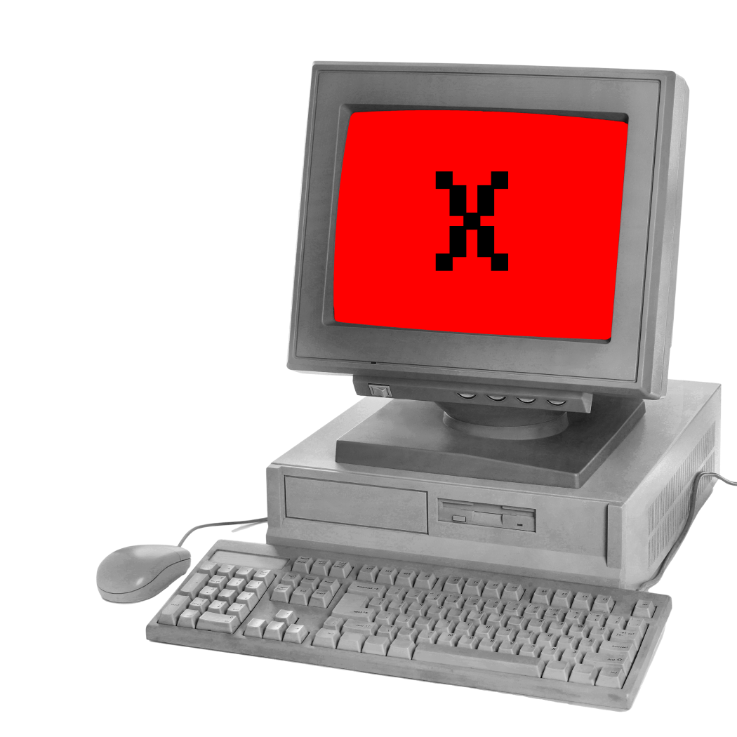 Imagem de uma computador dos anos 1990-2000 com a tela vermelha e um X ao centro.