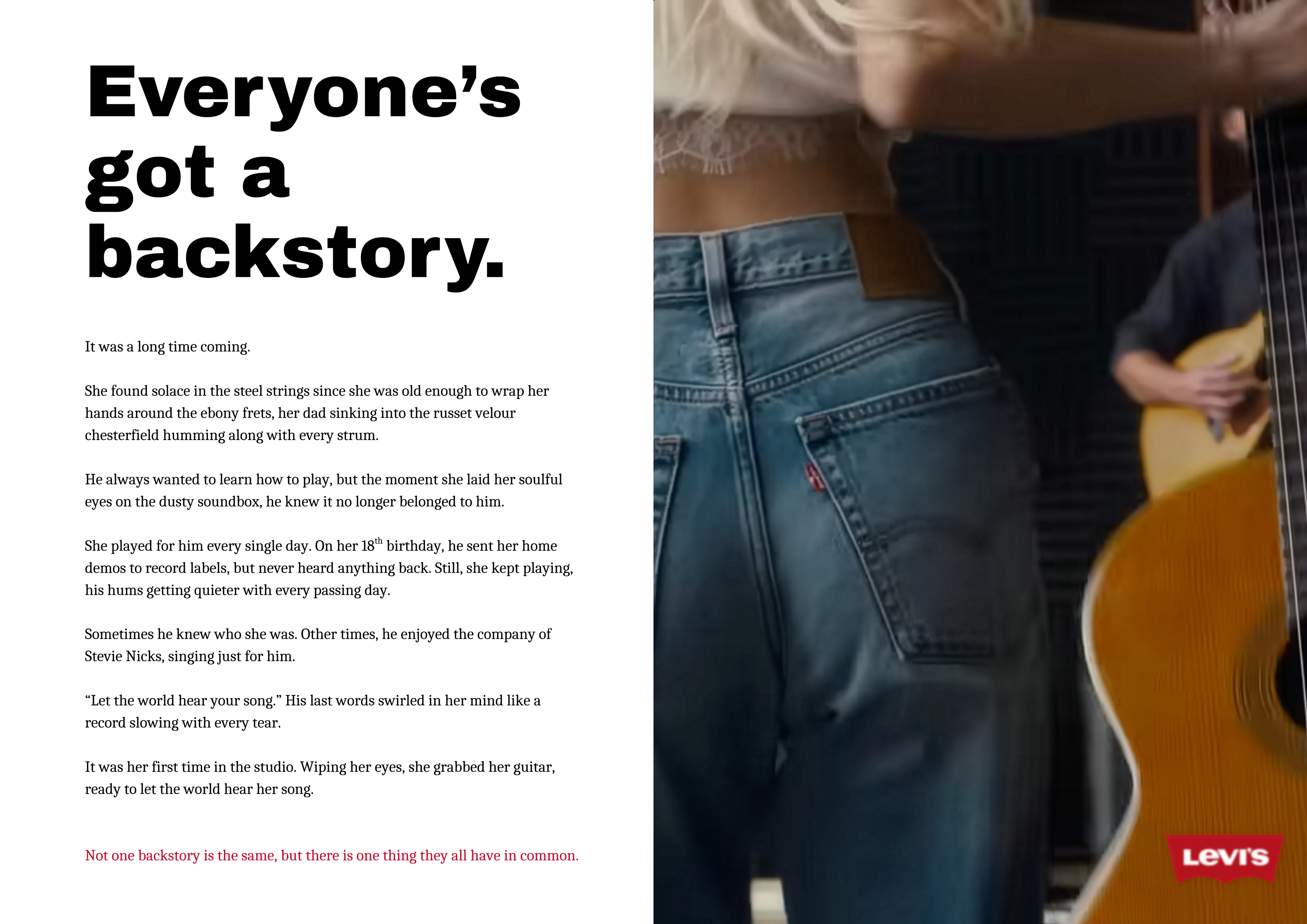 A magazine ad featuring a story and the backside of a young woman grabbing a guitar.