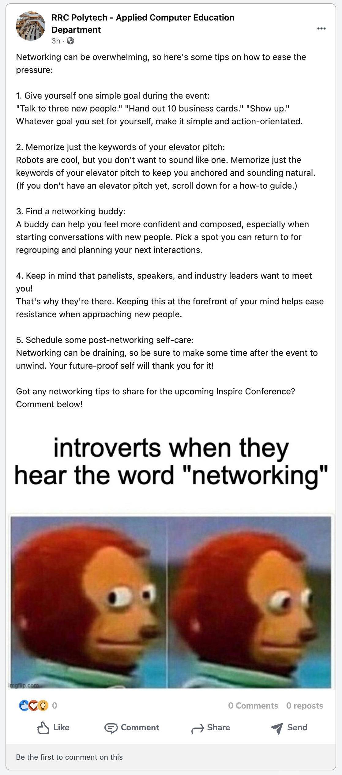 LinkedIn post outlining networking tips.