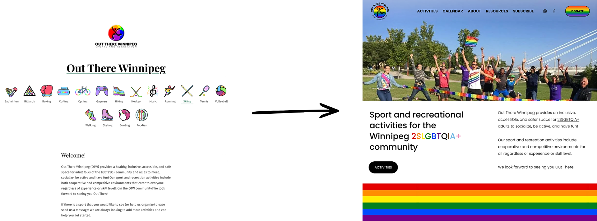Out There Winnipeg website before and after rebrand.