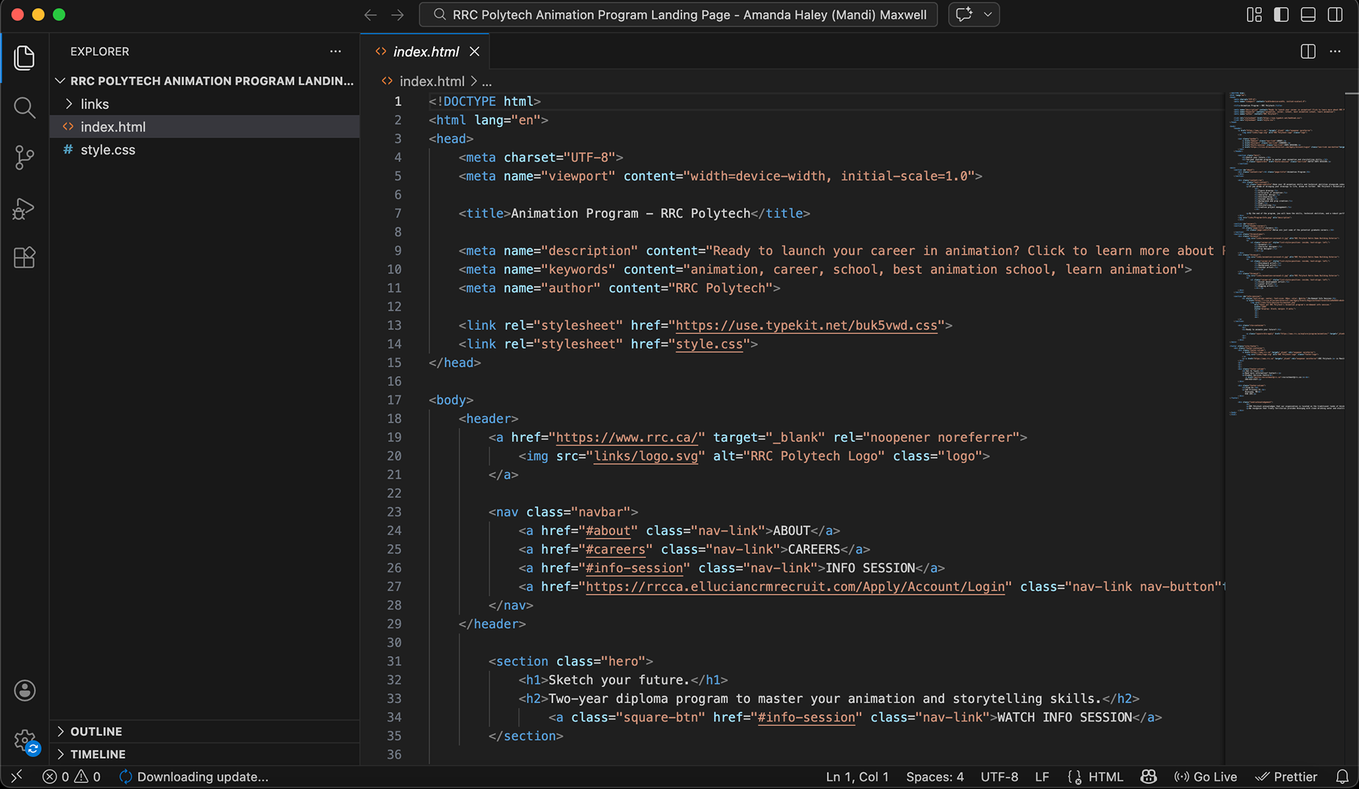 Screenshot of the HTML & CSS used to create the above landing page.