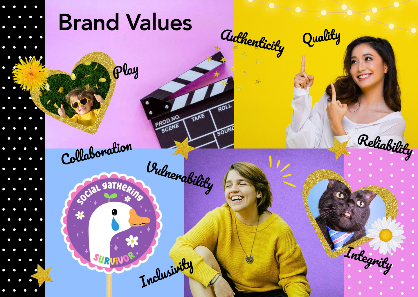 A collage of brand values such as play, collaboration, vulnerability, inclusivity, integrity, reliability, authenticity, and quality. 