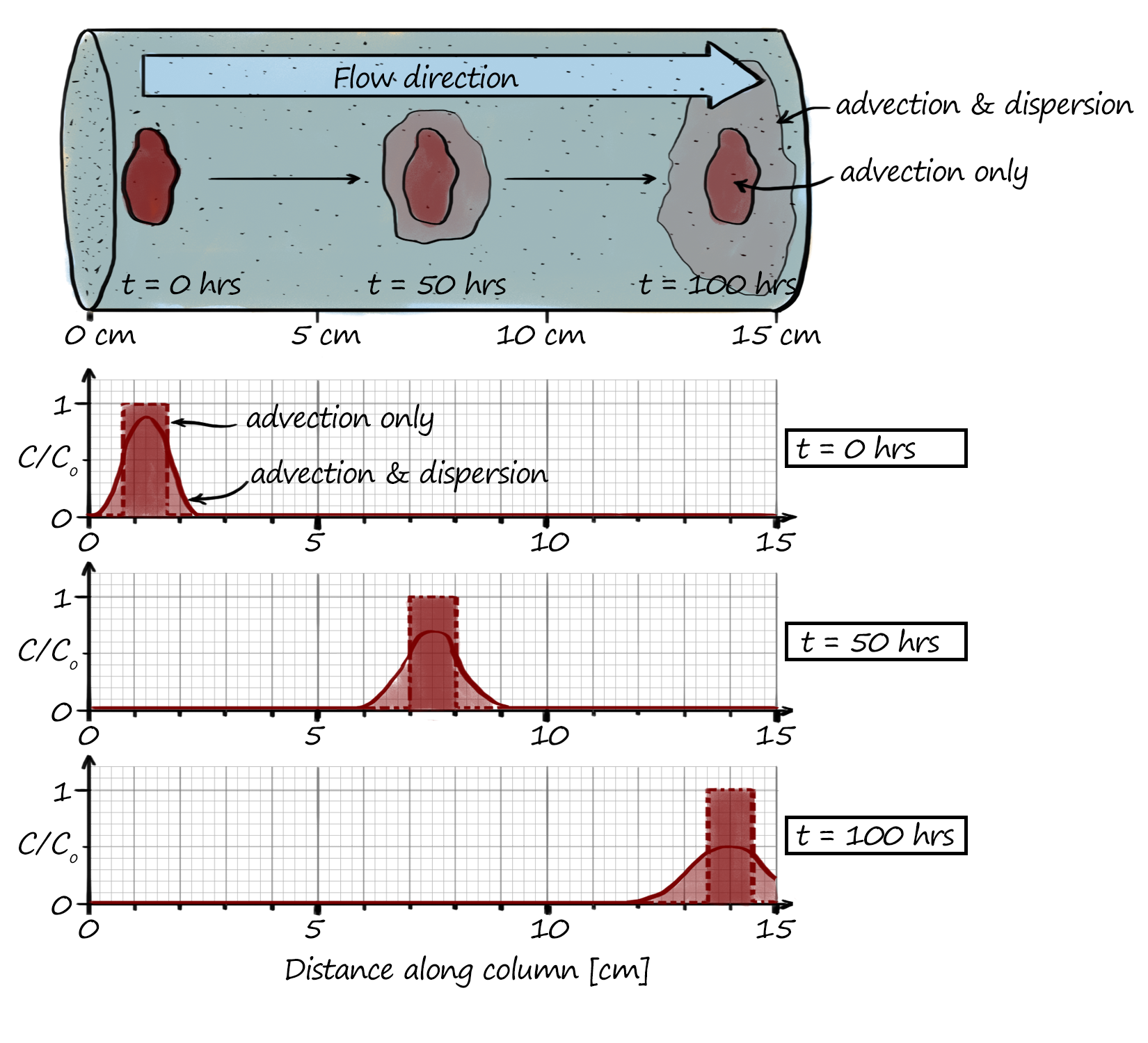 Breakthrough curves for solute transport under advection only, compared to advection & dispersion.