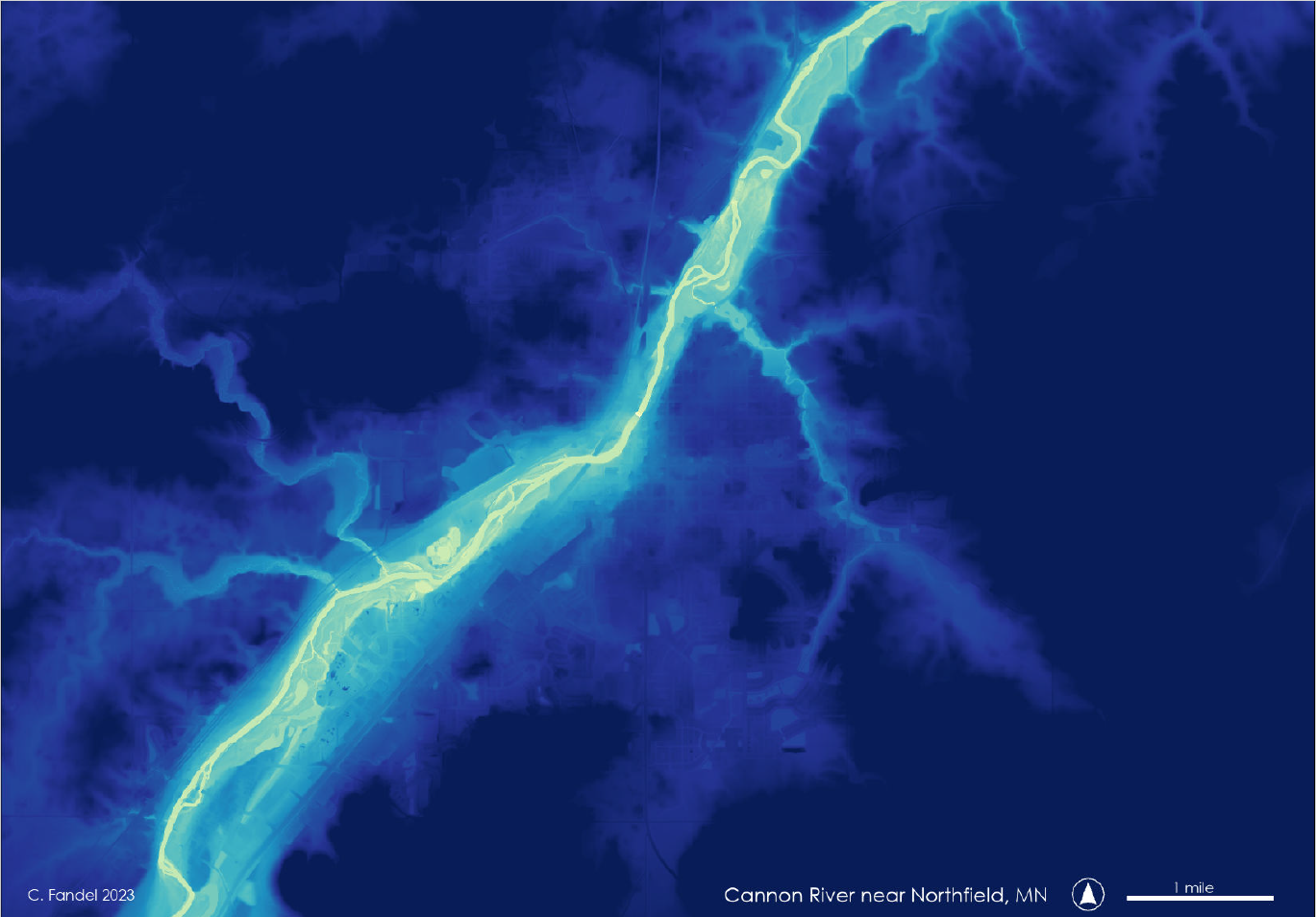Height-above-river elevation map created from LiDAR data.