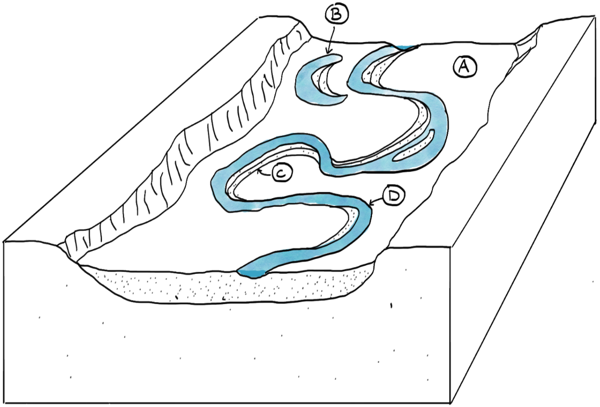 Identify the fluvial geomorphologic features labeled in this diagram.