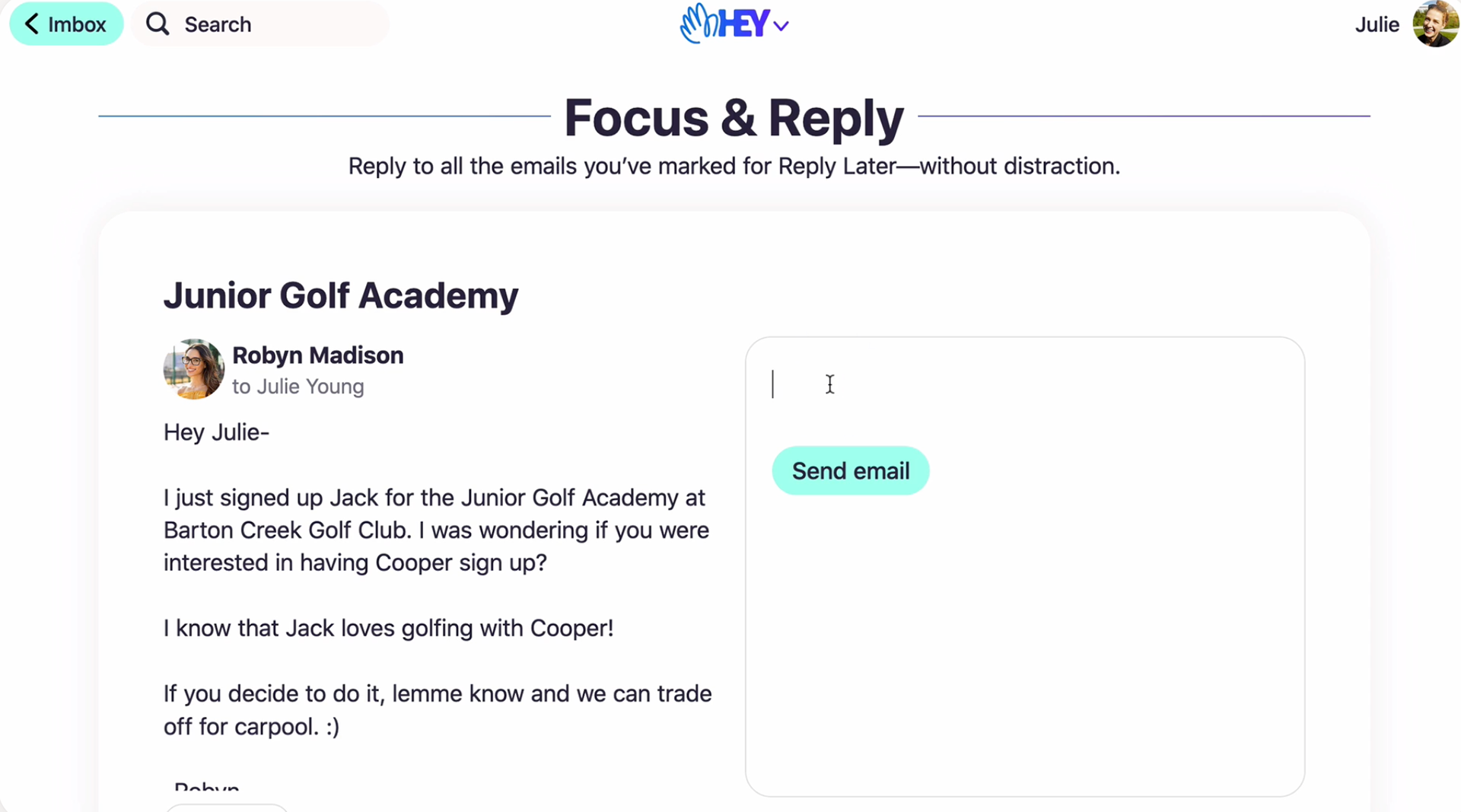 Hey has a 'Focus and Reply' mode that allows users to reply to selected emails in a scroll.