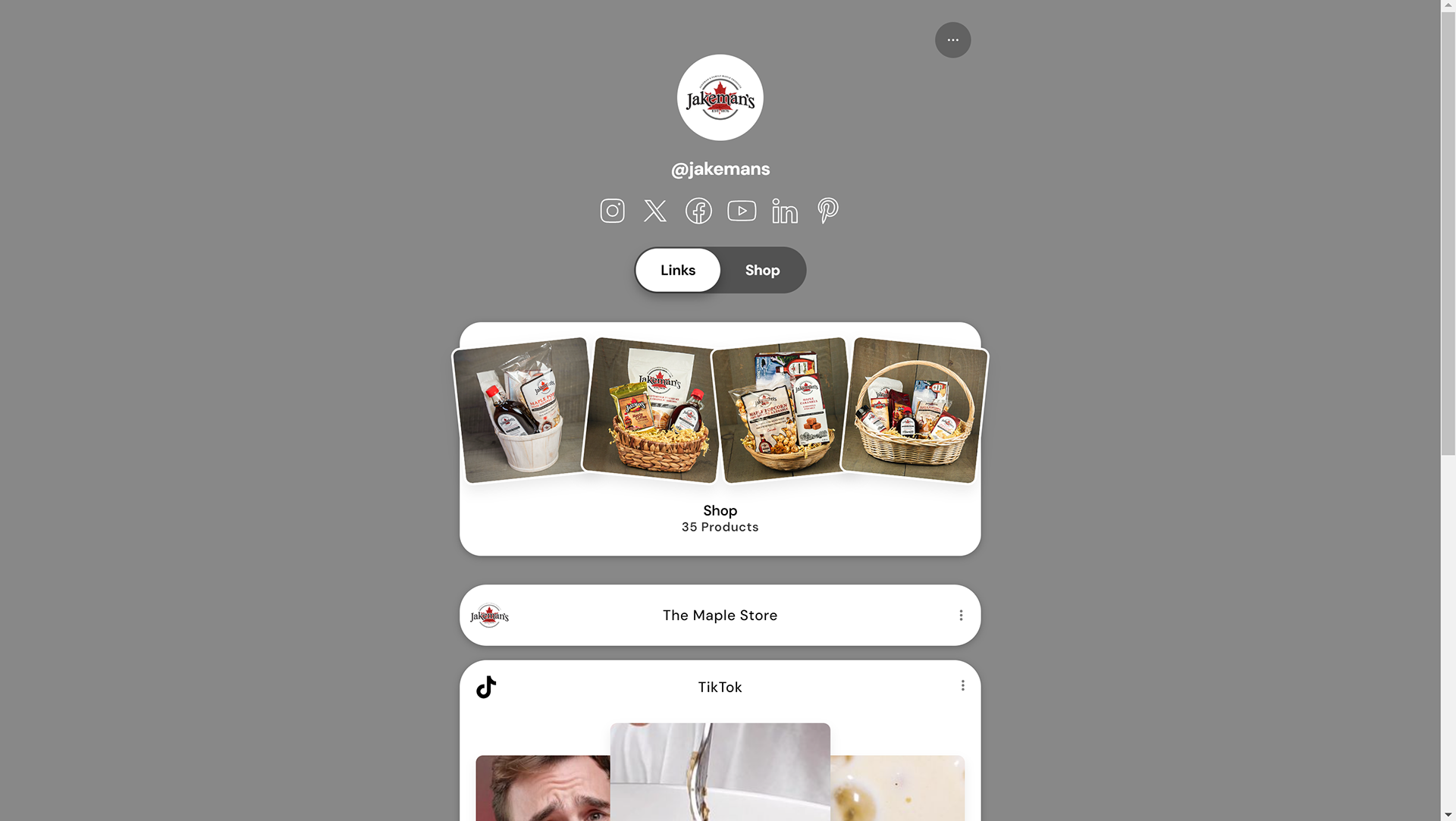 Jakeman's Linktree, side with links to shop and TikTok
