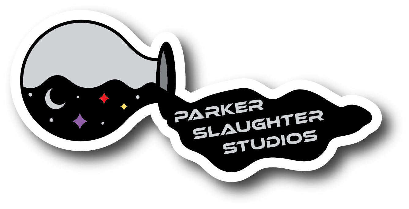 Ink bottle with stars in it spilling out with the text saying Parker Slaughter Studios