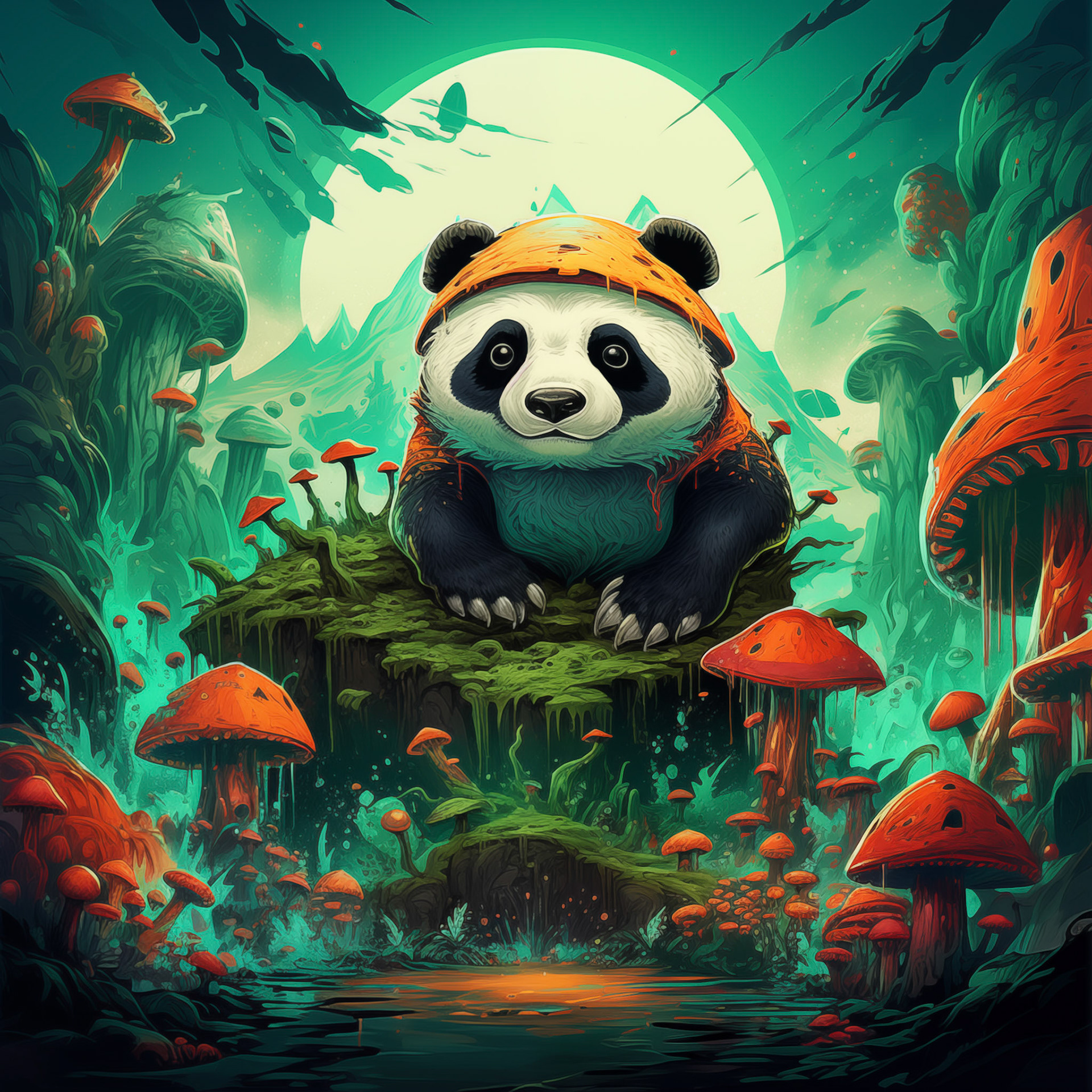 the panda with mushrooms on him sitting in a bright green t shirt, in the style of colorful abstract landscapes, dark cyan and orange, 2d game art, sublime wilderness, melting, highly detailed illustrations, lowbrow