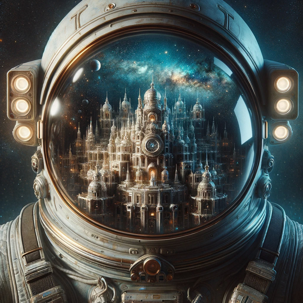 A massive astronaut helmet in the foreground, reflecting a star-studded cosmos, encases a tiny, detailed city showcasing a fascinating blend of futuristic and ancient architecture