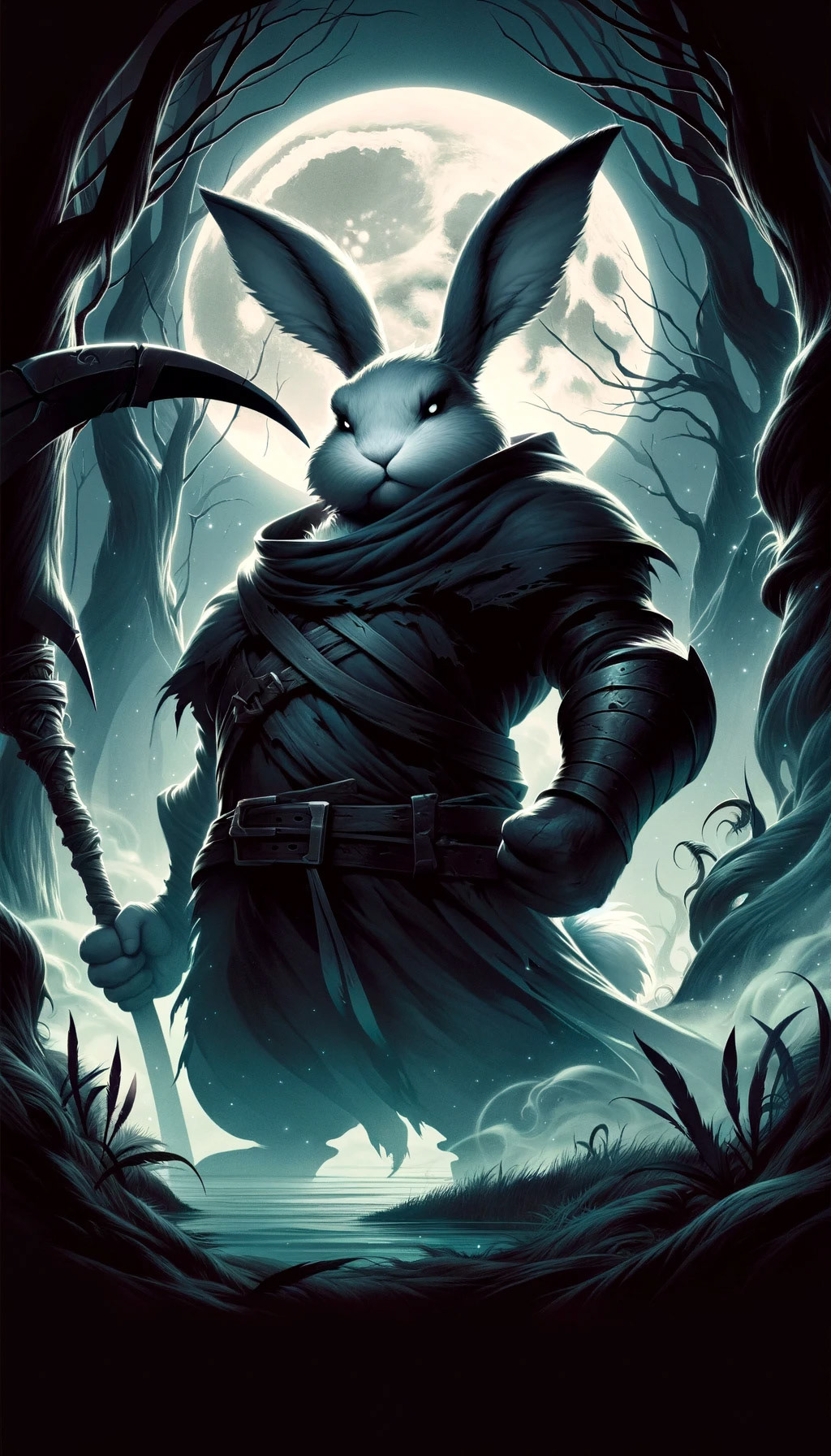"A dark fantasy illustration of Thlayli the Rabbit Reaper, a brave rabbit with a large, imposing figure and a determined expression, in a moonlit, eerie forest with deep shadows and a ghostly atmosphere."