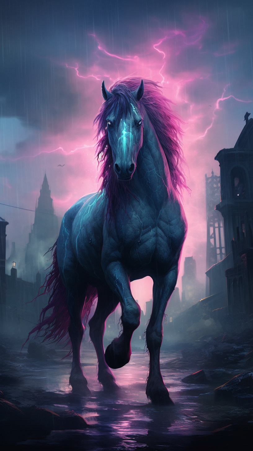 a red horse with blue eyes and glowing a pink light behind it, in the style of macabre illustrations, dark green and light cyan, cinematic scenes, hyper-detailed illustrations, cypherpunk, green and crimson, gothic atmosphere --chaos 50 --ar 9:16 --weird 30 - Midjourney