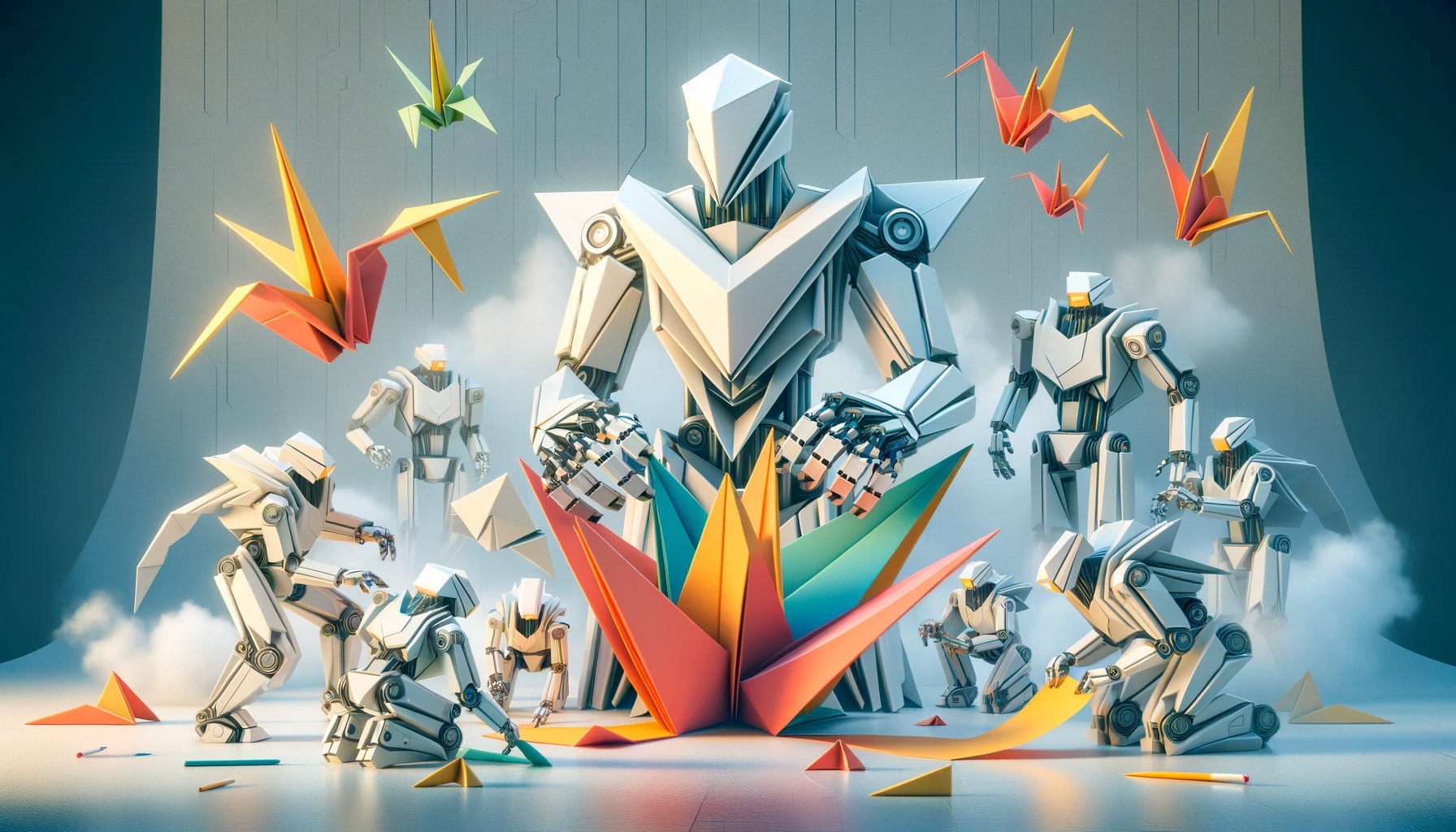 "Create a surreal scene where robots are crafting art, with a strong emphasis on origami aesthetics. The robots themselves have a faceted, geometric appearance as if they are made of folded paper, with sharp edges and planes that reflect light in various angles. The colors are vibrant but with the distinct crispness and angularity of origami. The background is minimalist, with paper-like textures and subtle creases, enhancing the origami theme. The entire composition combines the clean lines of paper art with the complexity of robotic design."