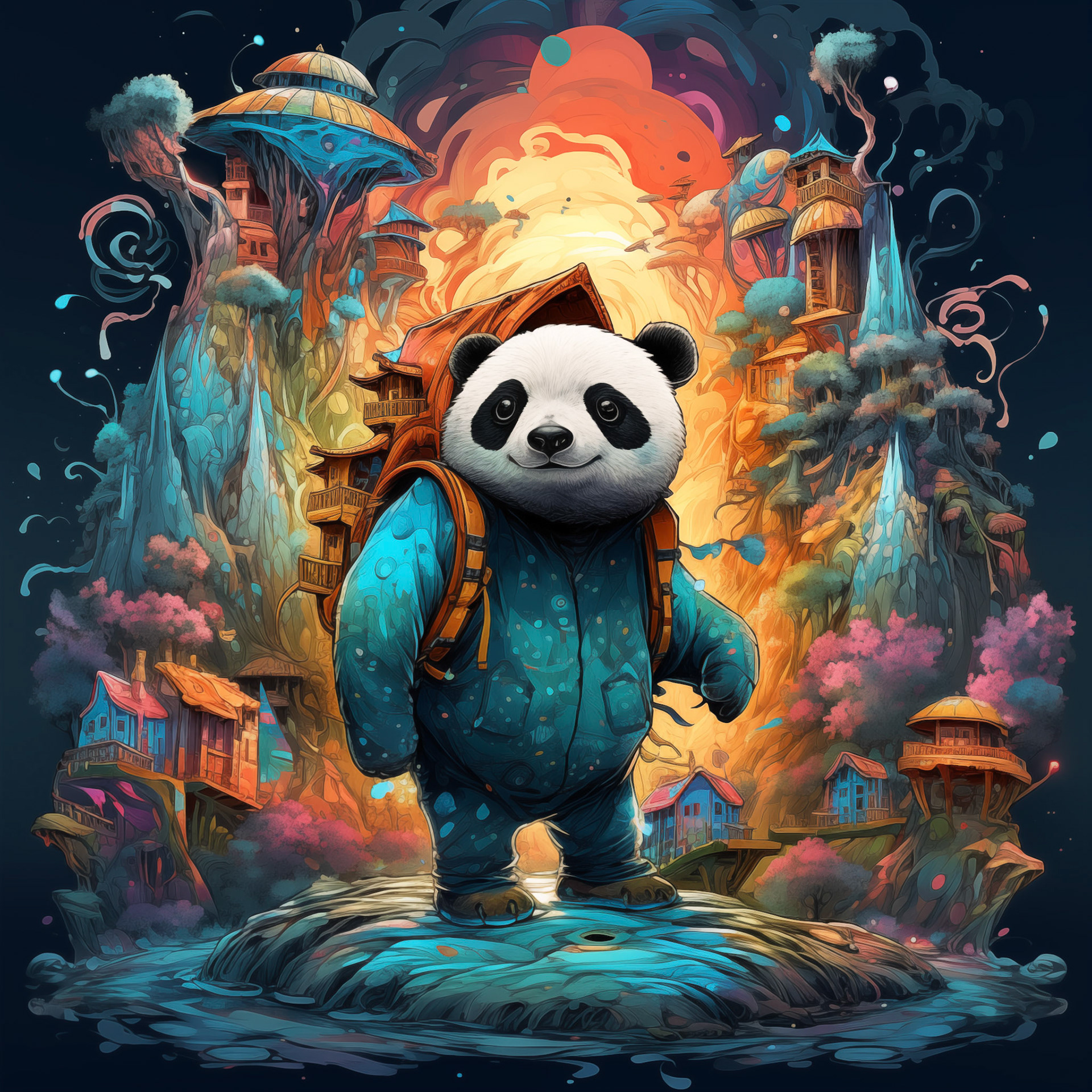 the panda bear holding a bag in watercolor, in the style of intricate psychedelic landscapes, zbrush, dark cyan and amber, luminous landscapes, inventive character designs, mushroomcore, colorful landscapesMidjourney